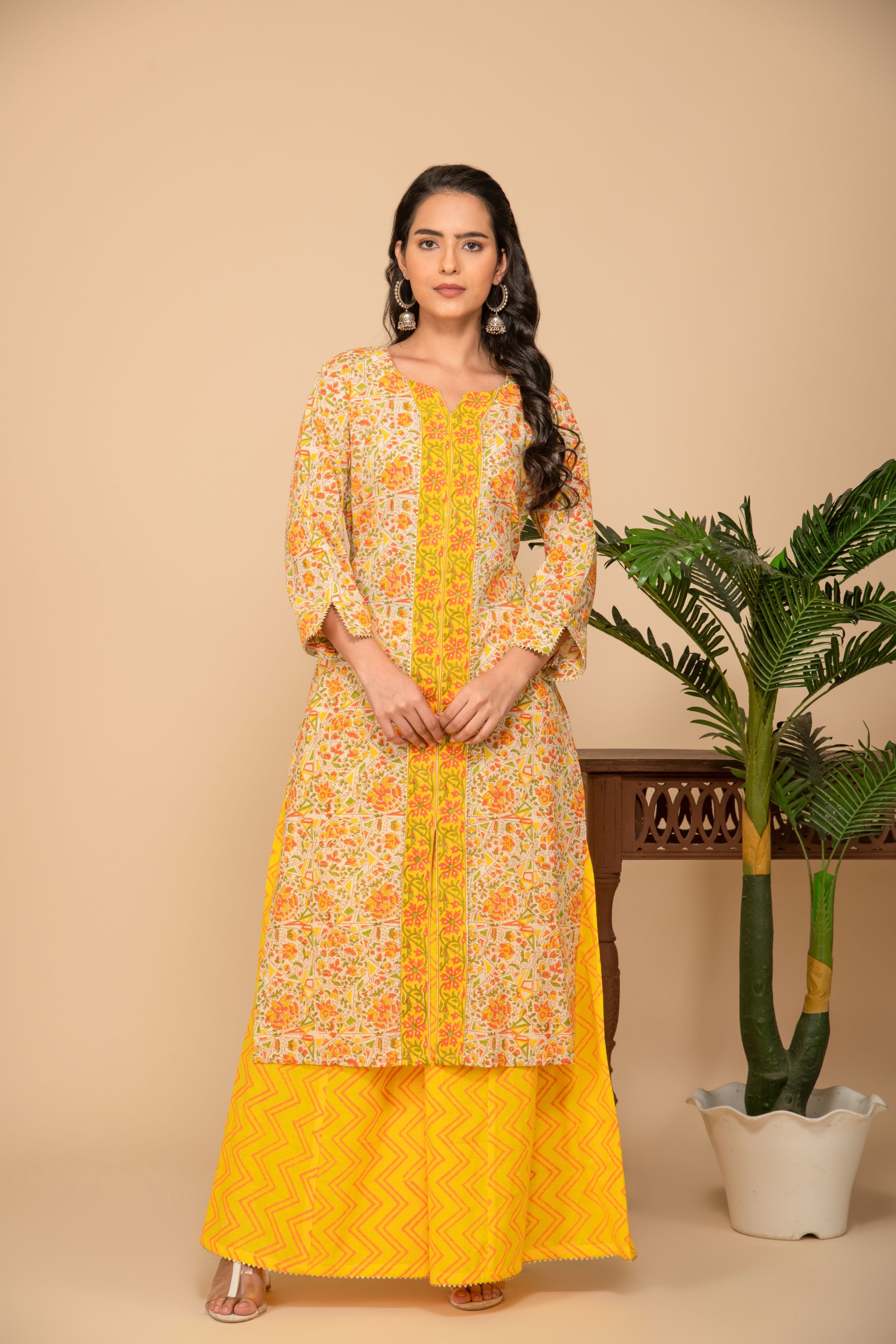 Yellow printed kurta with yellow zigzag printed bottom 3 piece suit set with yellow zigzag dupatta