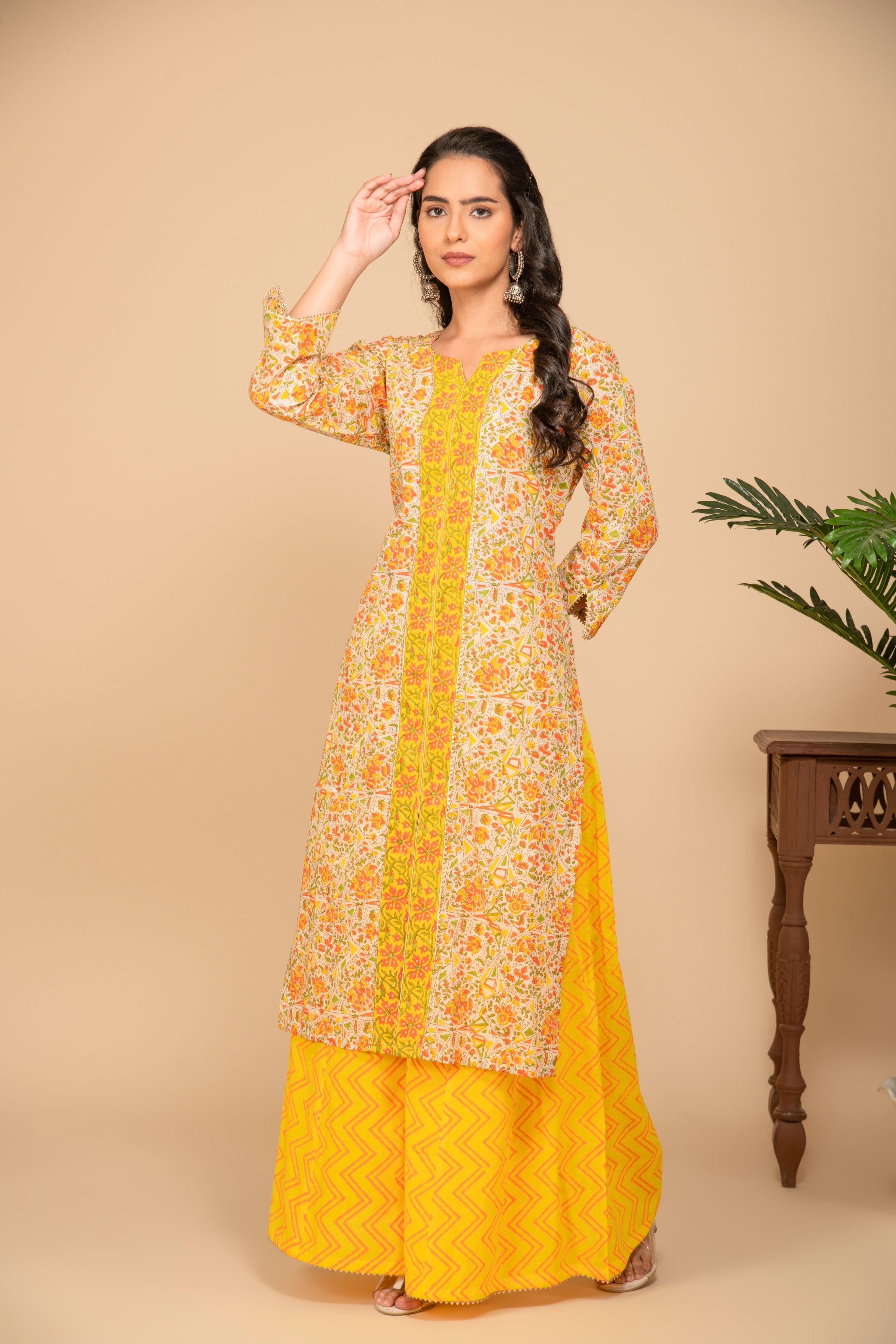 Yellow printed kurta with yellow zigzag printed bottom 3 piece suit set with yellow zigzag dupatta