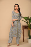 Grey printed kurta with grey printed bottom 3 piece suit set with buttis allover dupatta