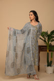 Grey printed kurta with grey printed bottom 3 piece suit set with buttis allover dupatta