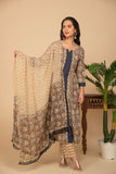 Brown printed kurta with brown printed bottom 3 piece suit set with buttis allover dupatta