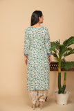 Blue floral printed kurta with white/green printed bottom 3 piece suit set with printed buttis all over dupatta