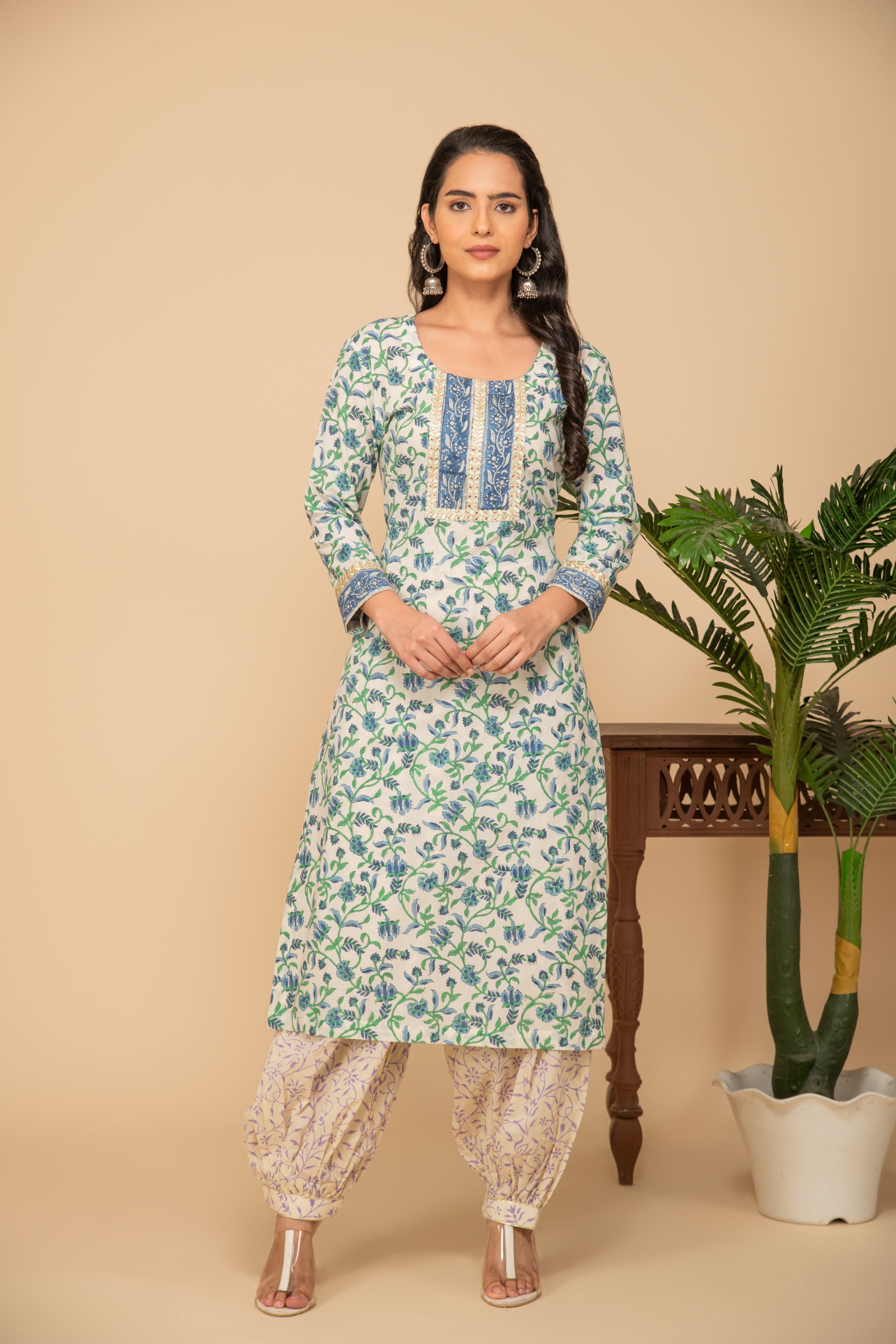 Blue floral printed kurta with white/green printed bottom 3 piece suit set with printed buttis all over dupatta