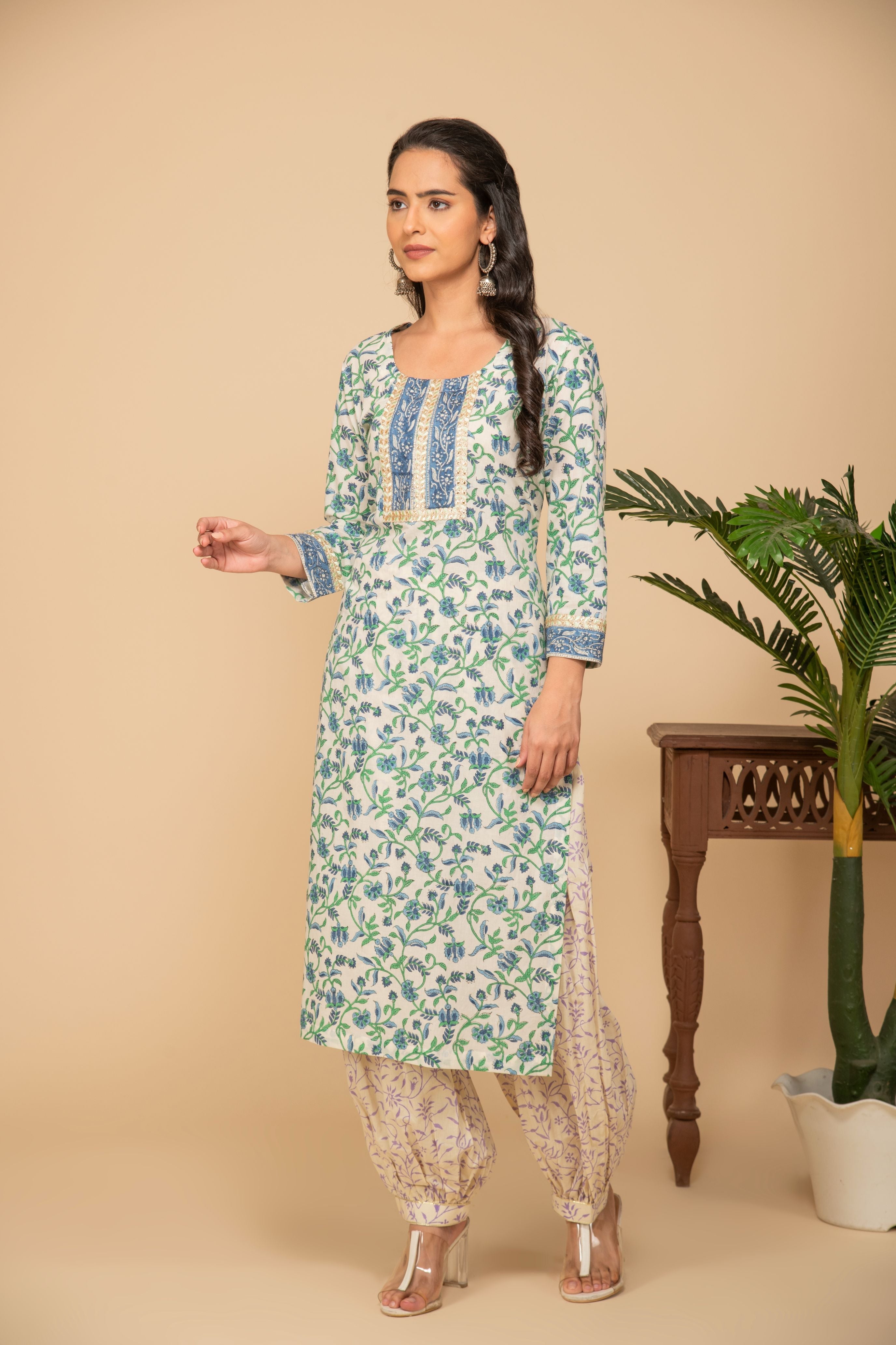 Blue floral printed kurta with white/green printed bottom 3 piece suit set with printed buttis all over dupatta
