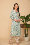 Blue floral printed kurta with white/green printed bottom 3 piece suit set with printed buttis all over dupatta
