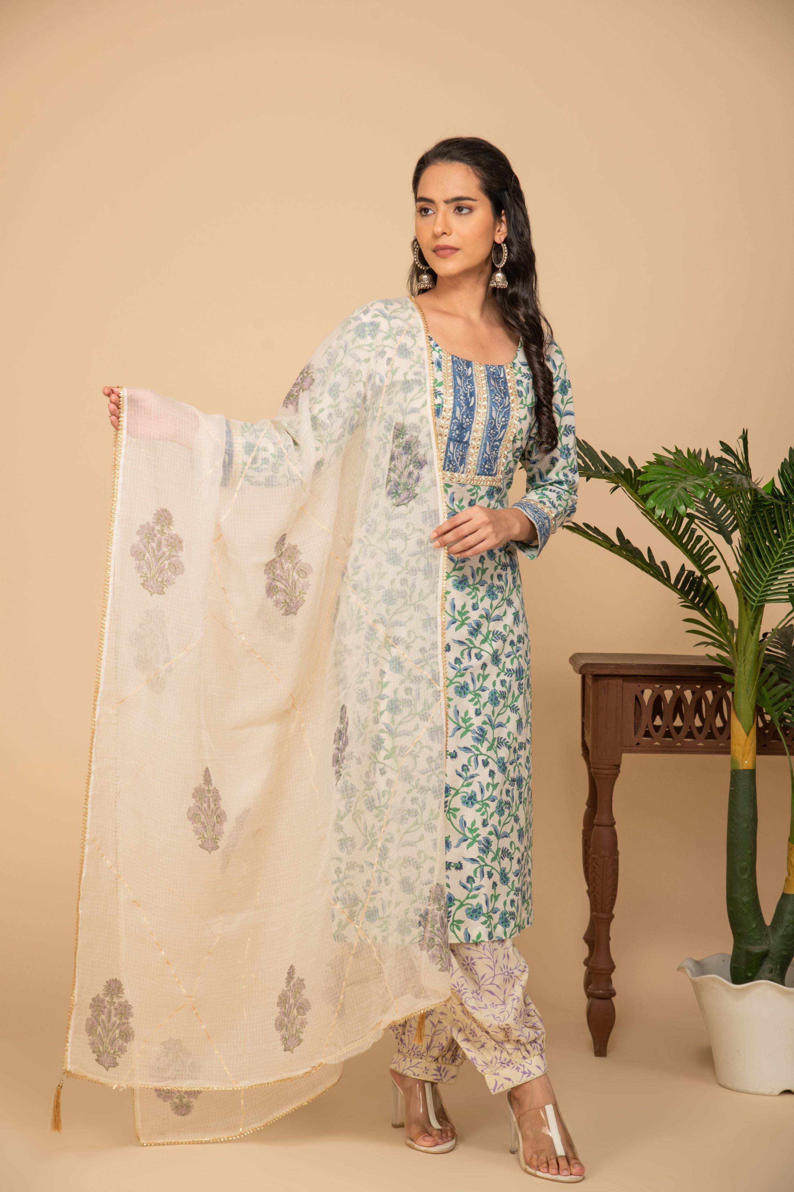 Blue floral printed kurta with white/green printed bottom 3 piece suit set with printed buttis all over dupatta