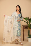 Blue floral printed kurta with white/green printed bottom 3 piece suit set with printed buttis all over dupatta