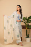 Blue buttil printed kurta with white/blue scallops printed bottom 3 piece suit set with printed blue buttis all over dupatta