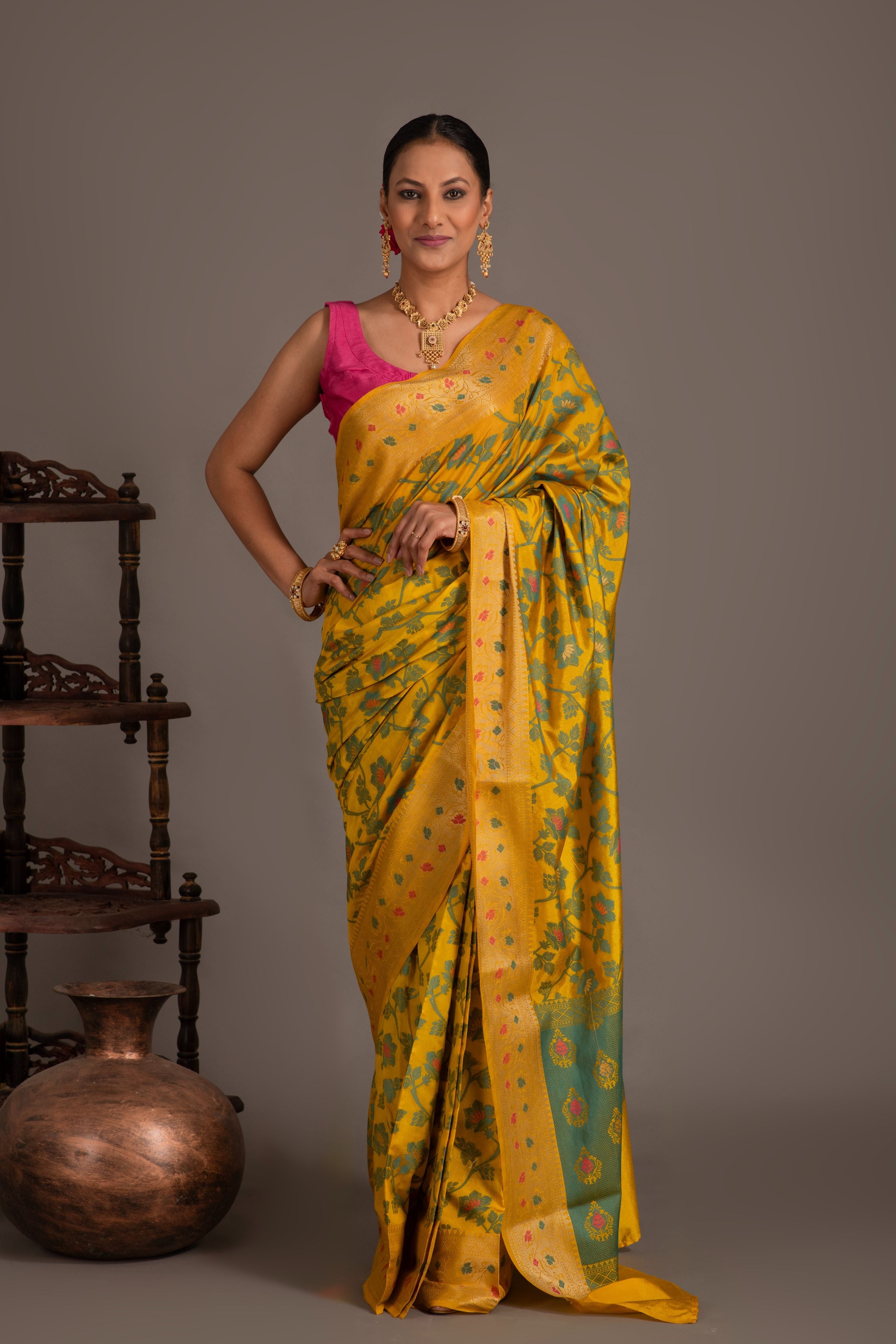 Banarasi sarees with contrast color weaves and a blouse