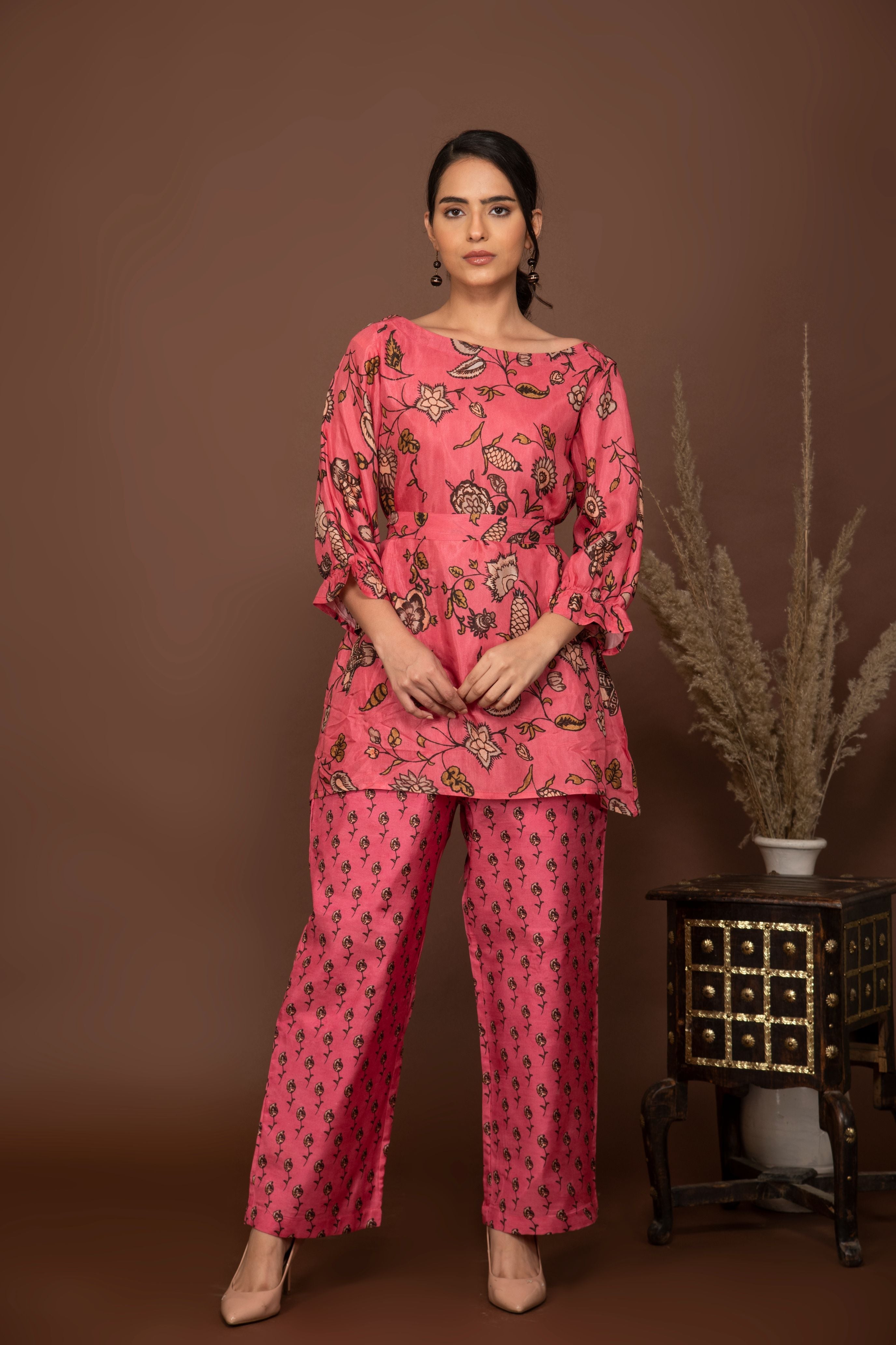 Pink soft muslin with big floral printed top with butti printed bottom all over