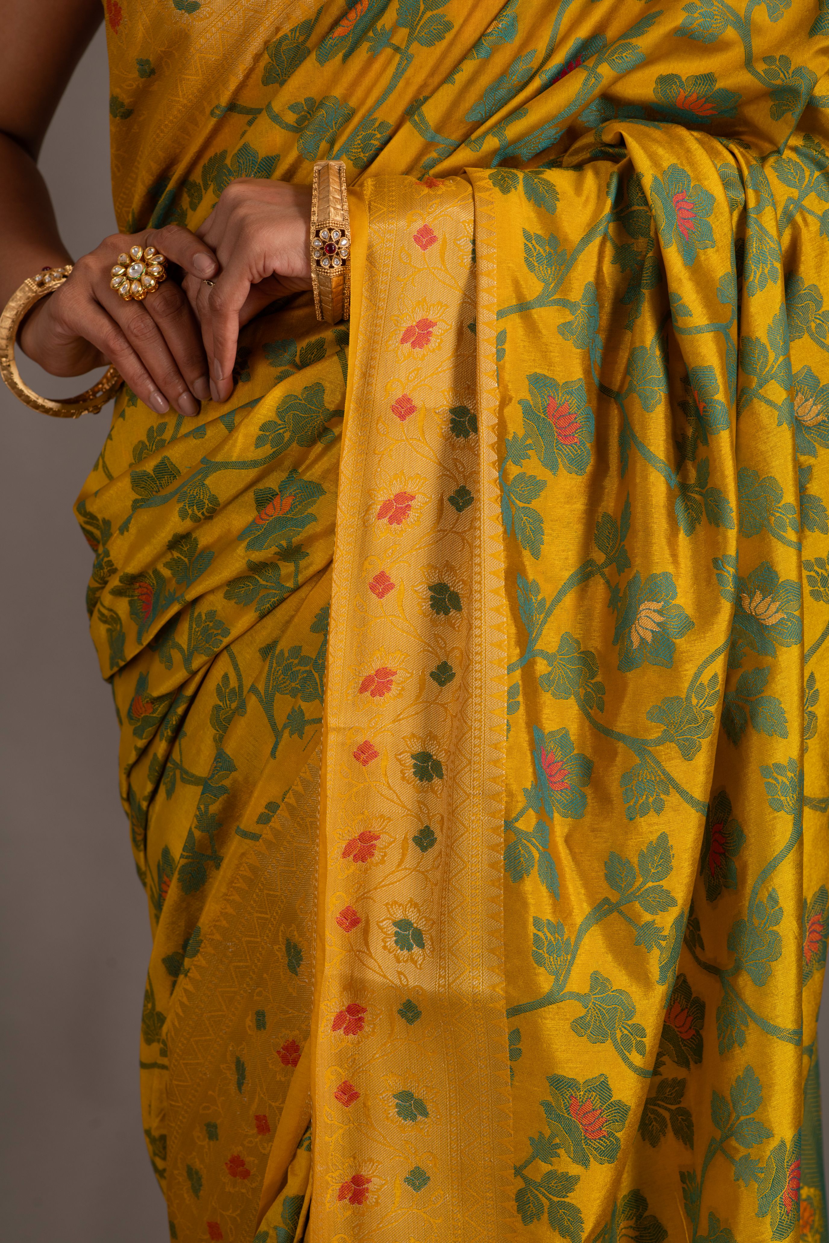 Banarasi sarees with contrast color weaves and a blouse