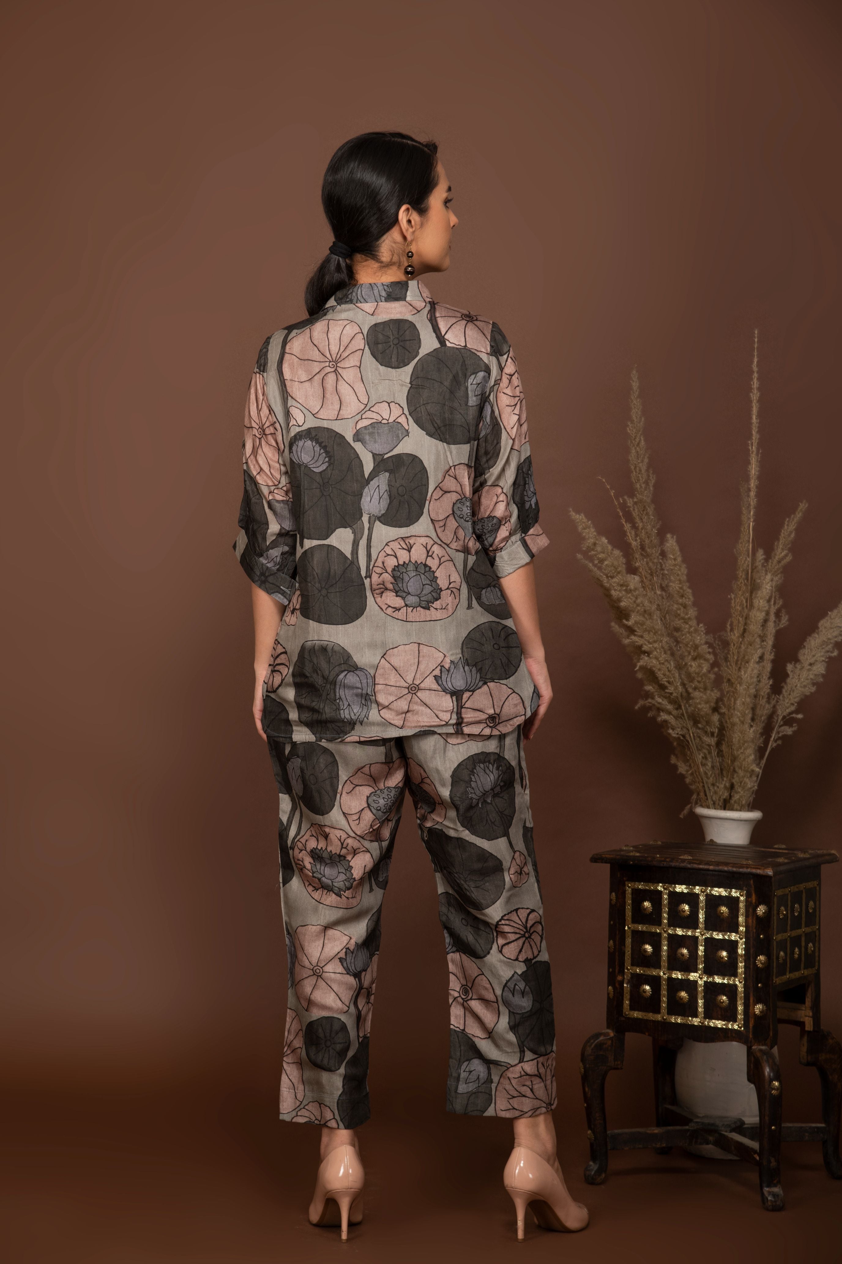 Grey soft muslin with bold floral printed top and bottom all over