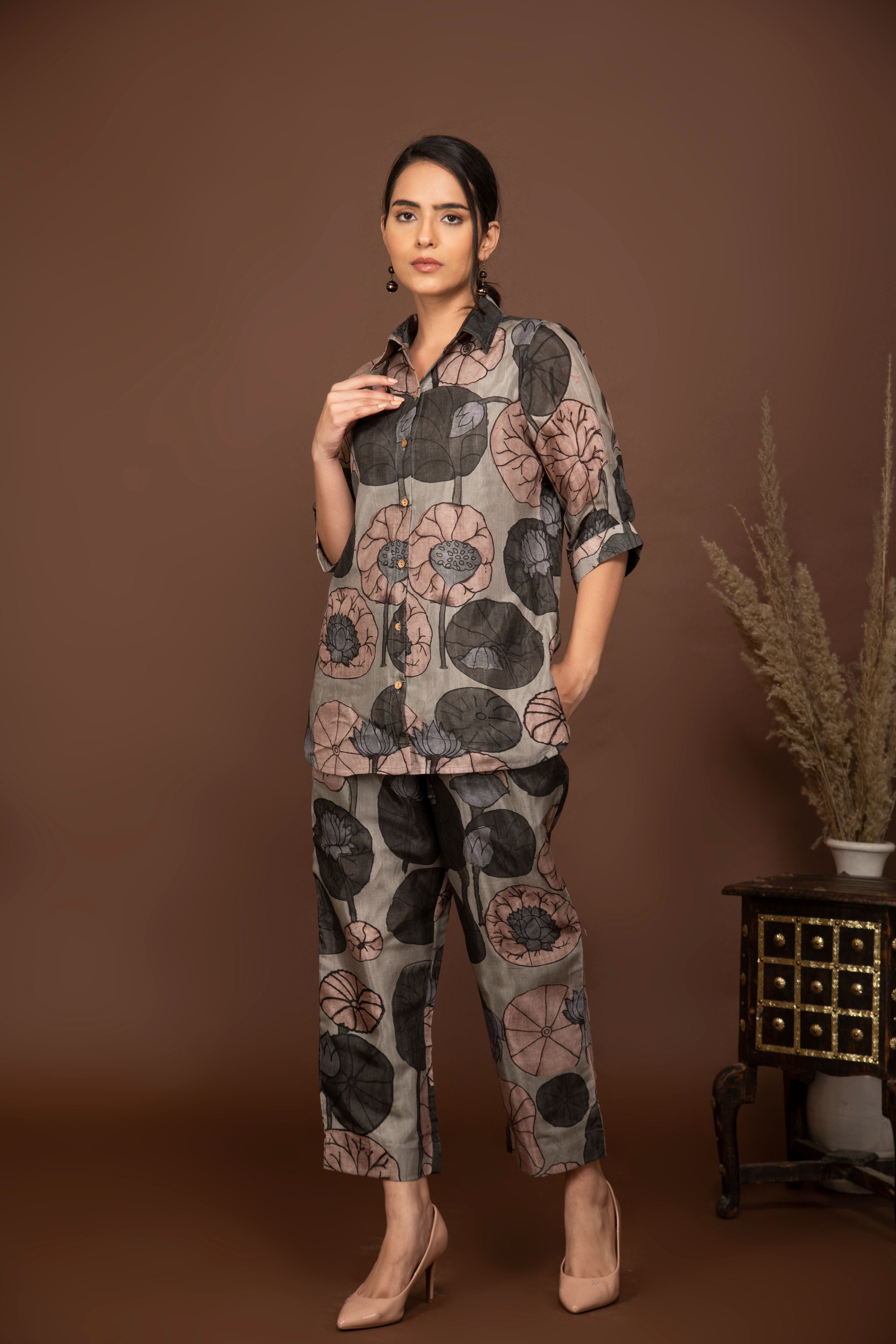 Grey soft muslin with bold floral printed top and bottom all over