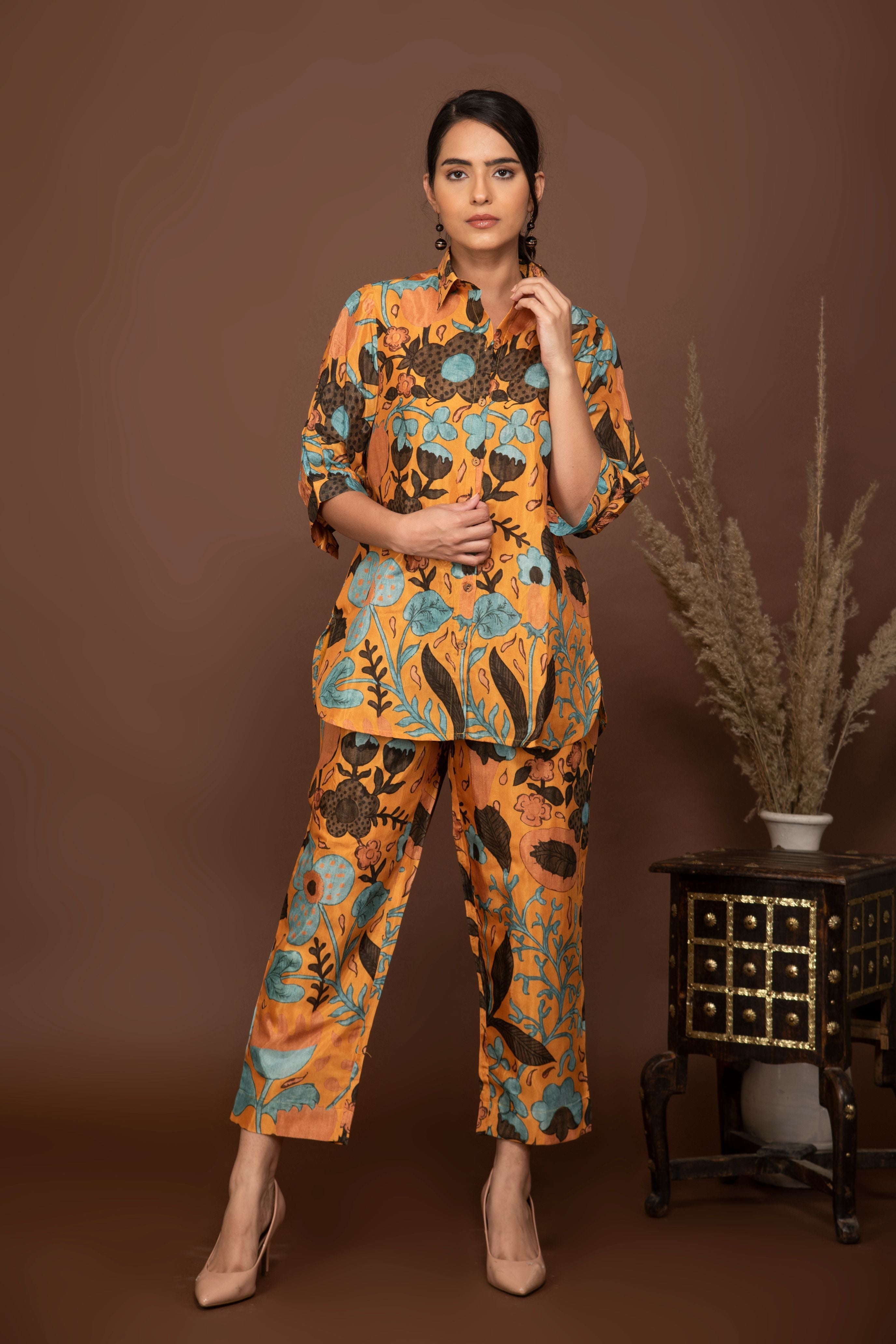 Mustard yellow soft muslin with bold floral printed top and bottom all over
