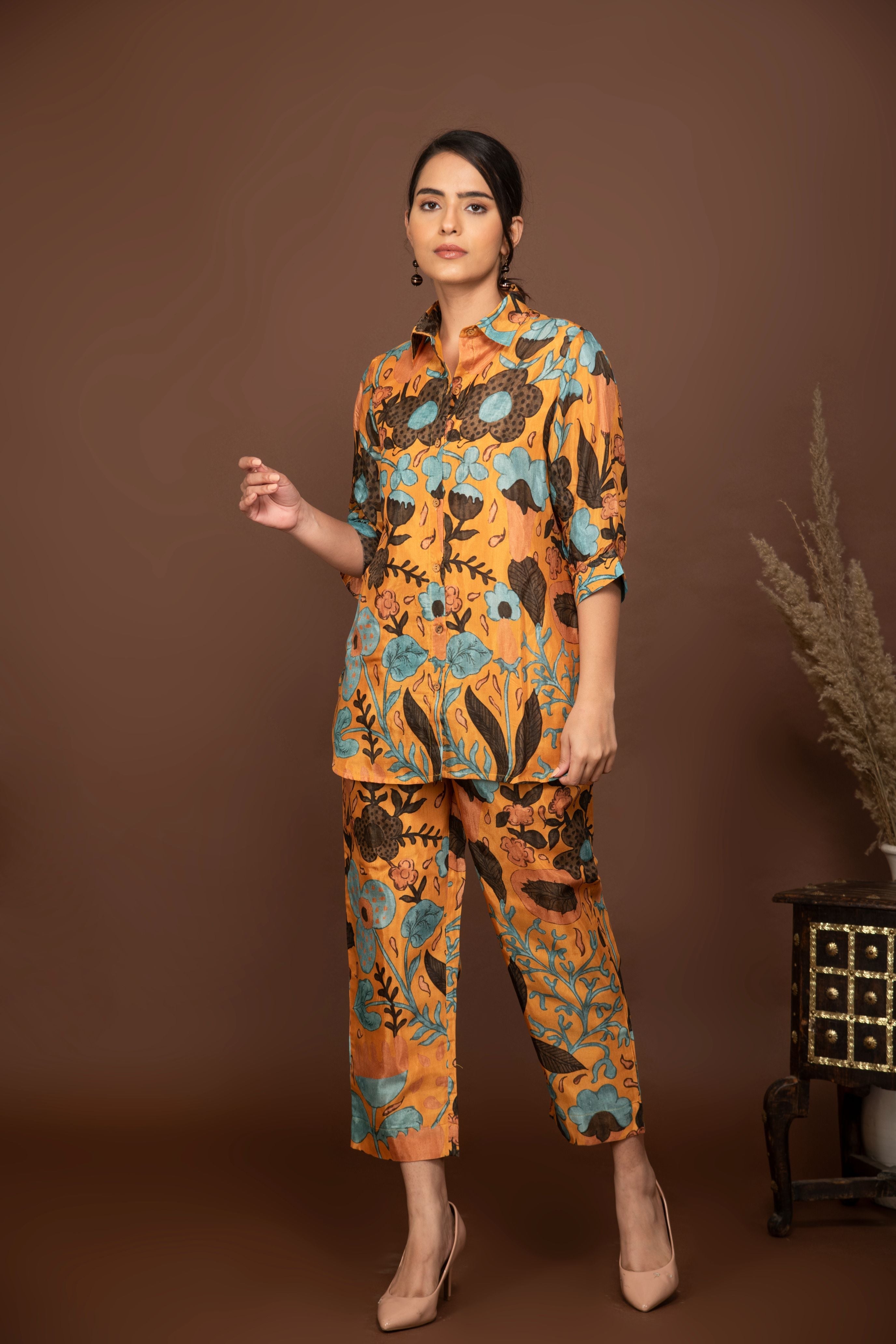Mustard yellow soft muslin with bold floral printed top and bottom all over