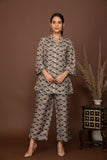 Grey soft muslin with  flower buttis printed top and bottom all over