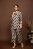 Grey soft muslin with  flower buttis printed top and bottom all over