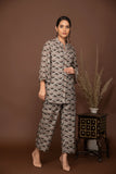 Grey soft muslin with  flower buttis printed top and bottom all over