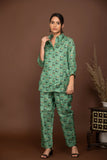 Teal green soft muslin with buttis printed top and bottom all over