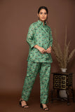 Teal green soft muslin with buttis printed top and bottom all over