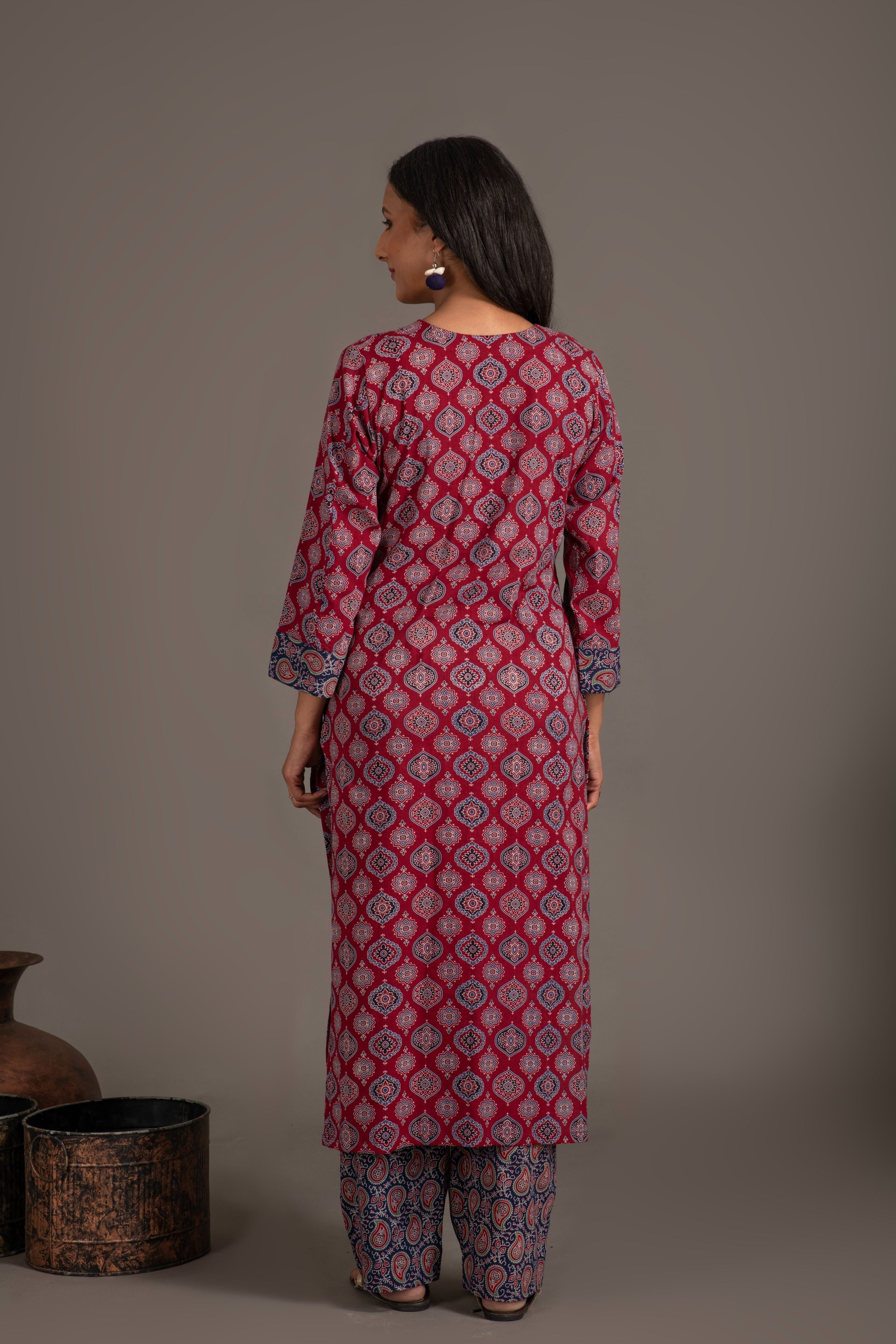 Ajrakh handblock pure cotton kurta and dupatta set with embroidered  necklineand a white cotton bottom