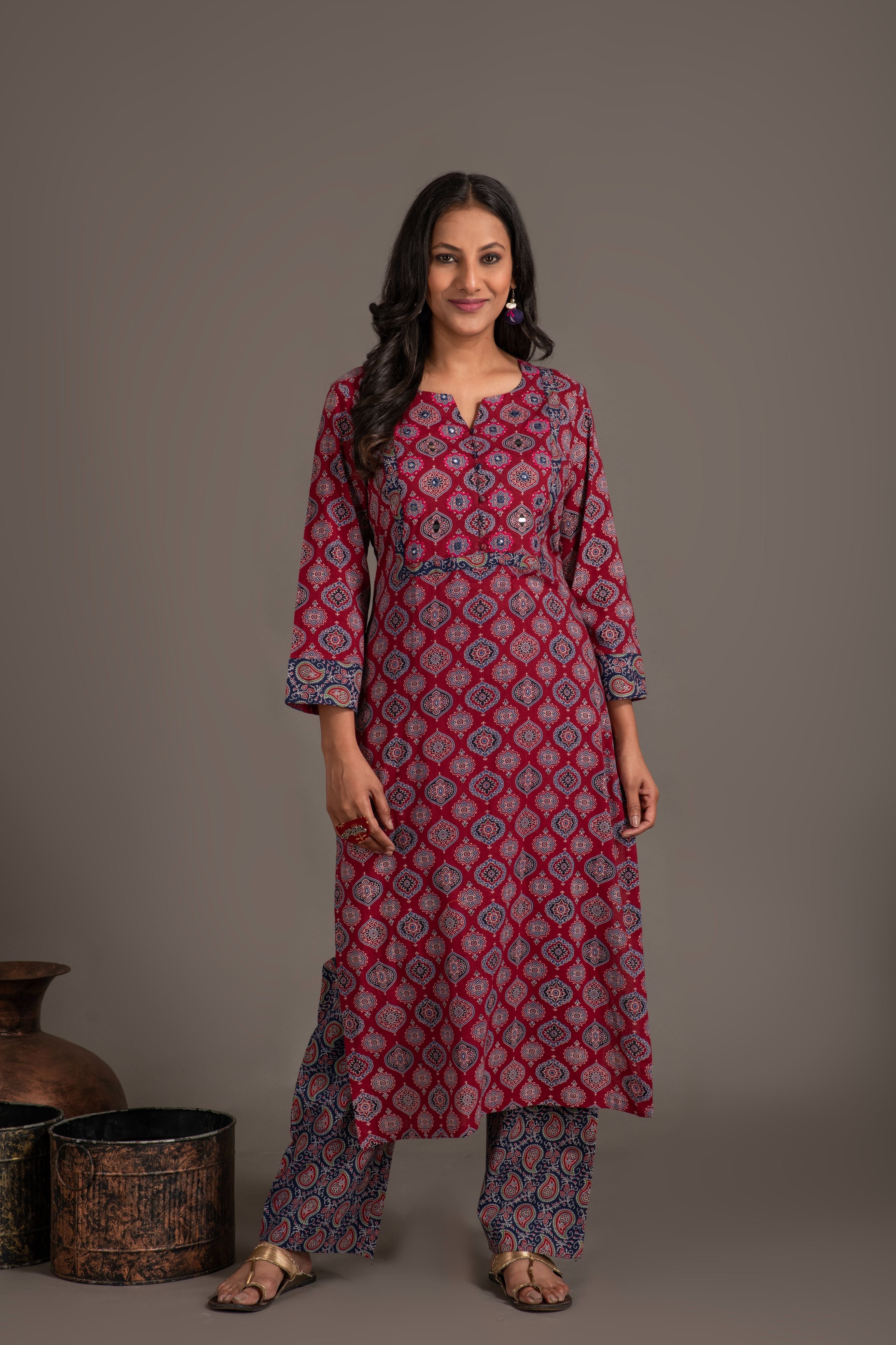 Ajrakh handblock pure cotton kurta and dupatta set with embroidered  necklineand a white cotton bottom