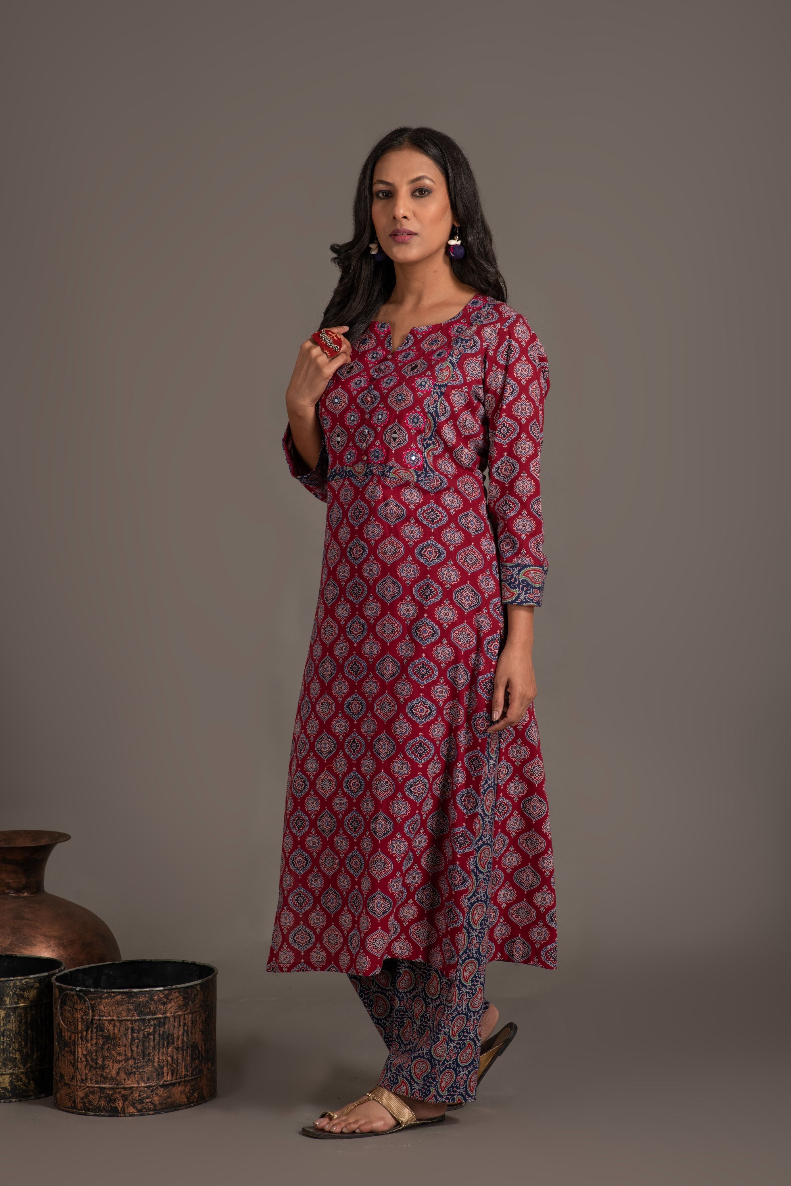 Ajrakh handblock pure cotton kurta and dupatta set with embroidered  necklineand a white cotton bottom