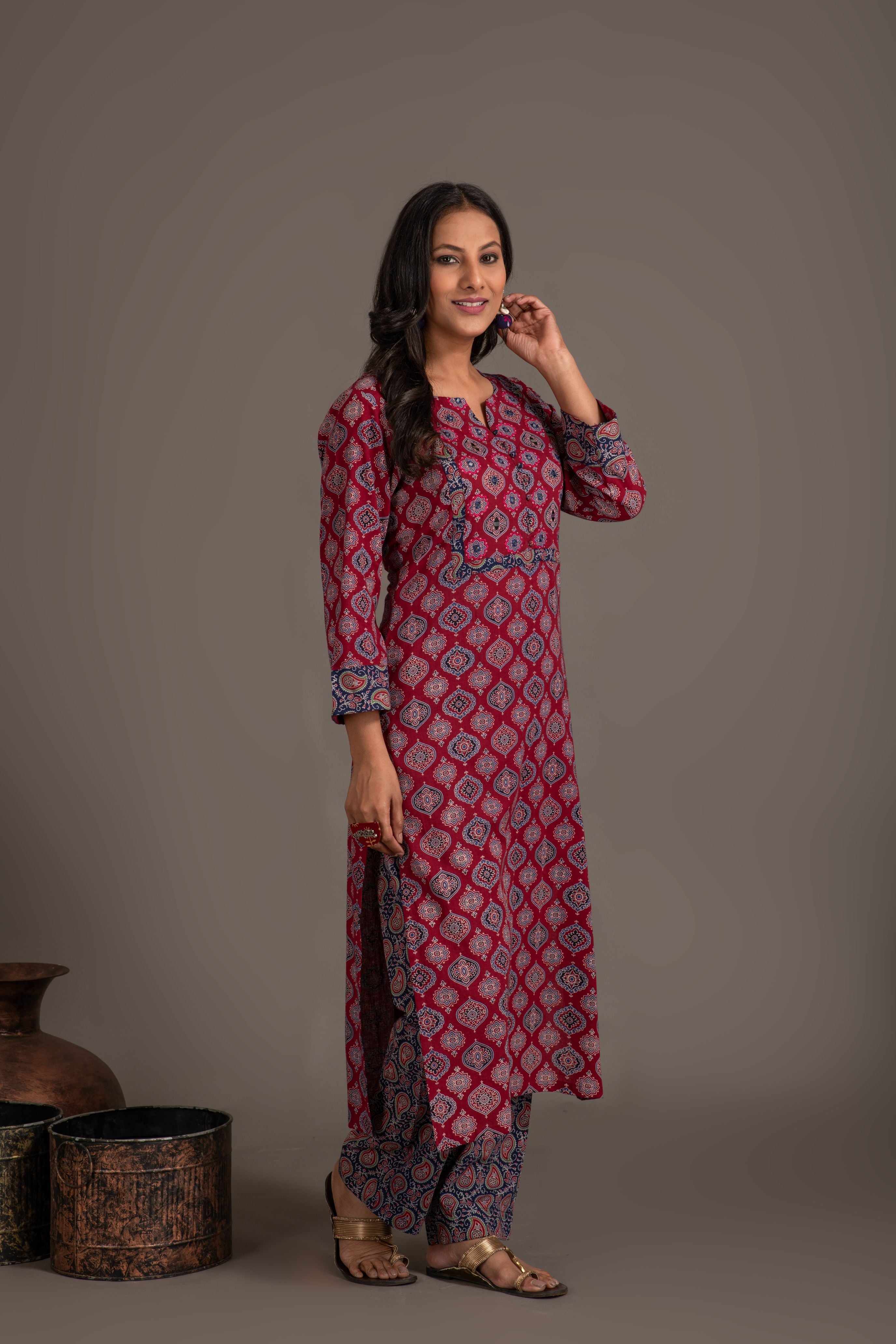 Ajrakh handblock pure cotton kurta and dupatta set with embroidered  necklineand a white cotton bottom