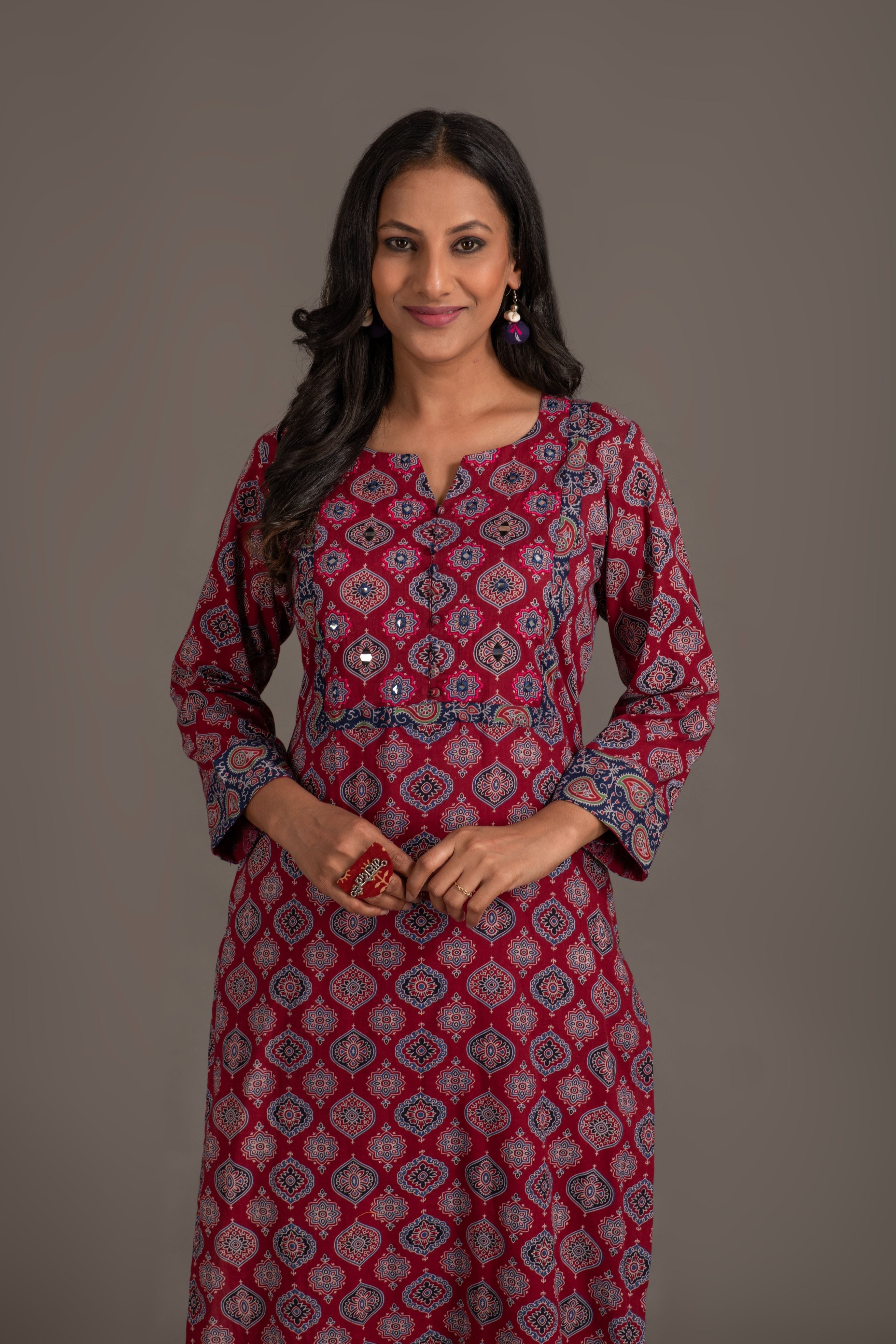 Ajrakh handblock pure cotton kurta and dupatta set with embroidered  necklineand a white cotton bottom