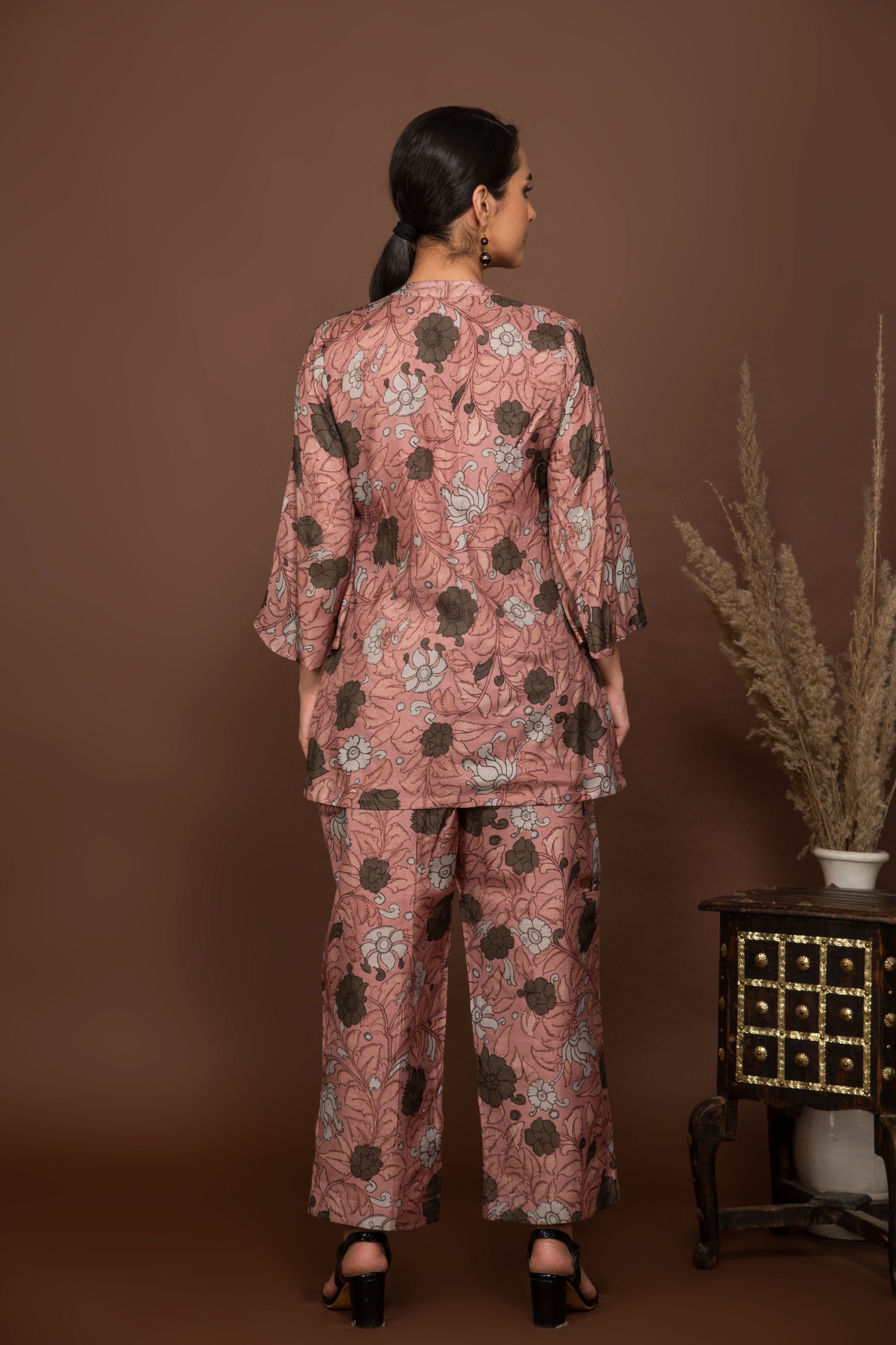 Nude pink soft muslin with bold flower printed top with front opening and bottom