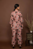 Nude pink soft muslin with bold flower printed top with front opening and bottom