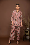 Nude pink soft muslin with bold flower printed top with front opening and bottom