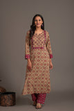 Ajrakh Handblock Pure Cotton kurta set with Embroidered and Stylish Neckline
