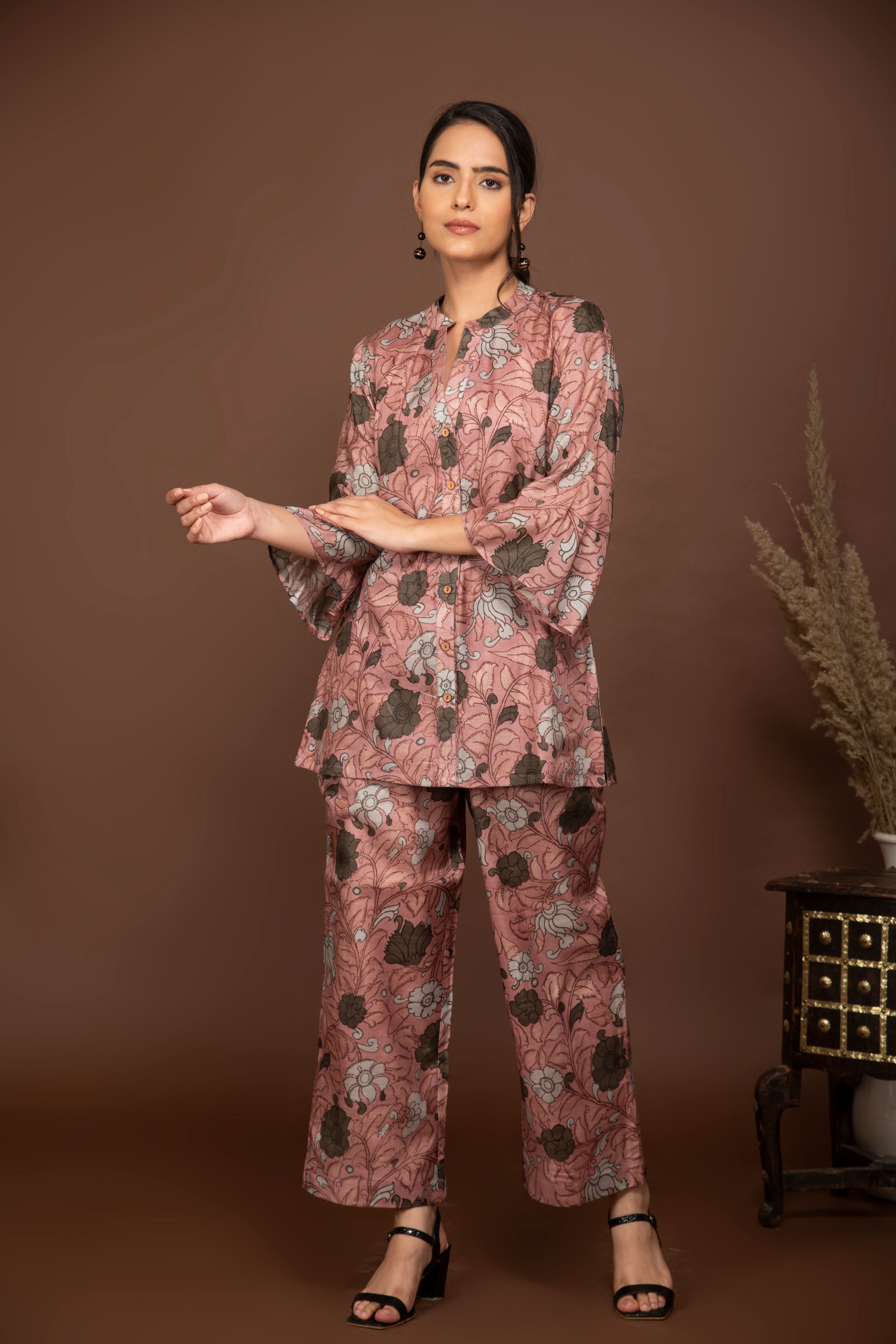 Nude pink soft muslin with bold flower printed top with front opening and bottom