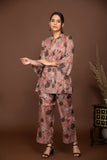Nude pink soft muslin with bold flower printed top with front opening and bottom