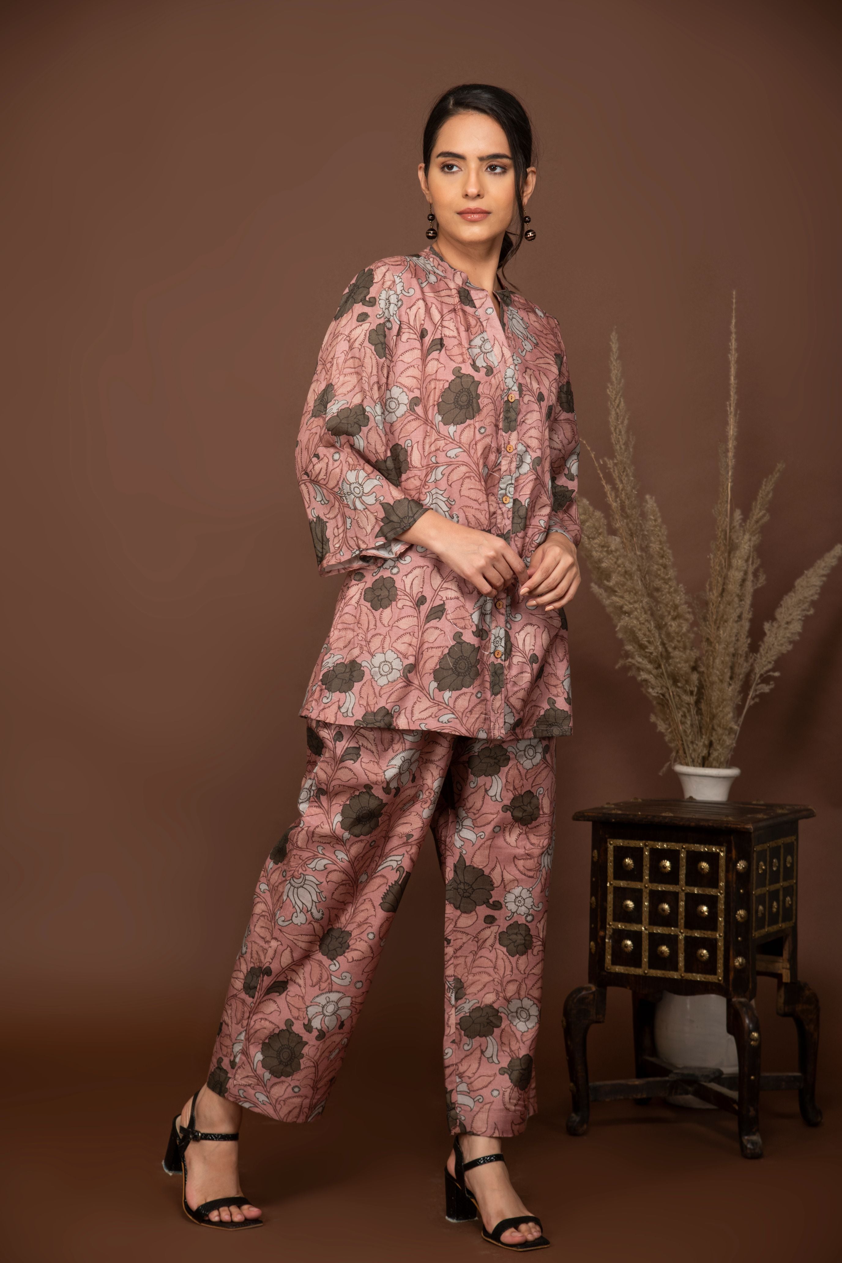 Nude pink soft muslin with bold flower printed top with front opening and bottom