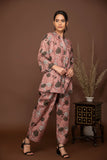 Nude pink soft muslin with bold flower printed top with front opening and bottom