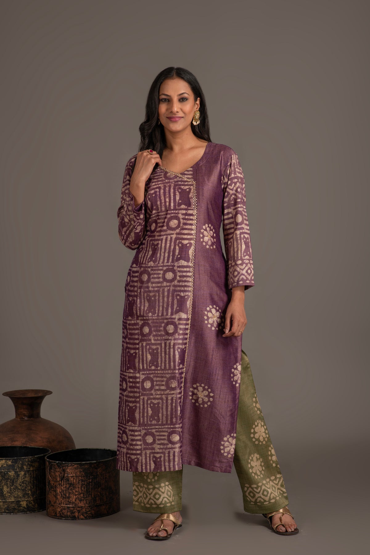 Bhagalpuri Fabric Three Piece Dupatta Suit in Embroidered Angrakha Pattern BK4