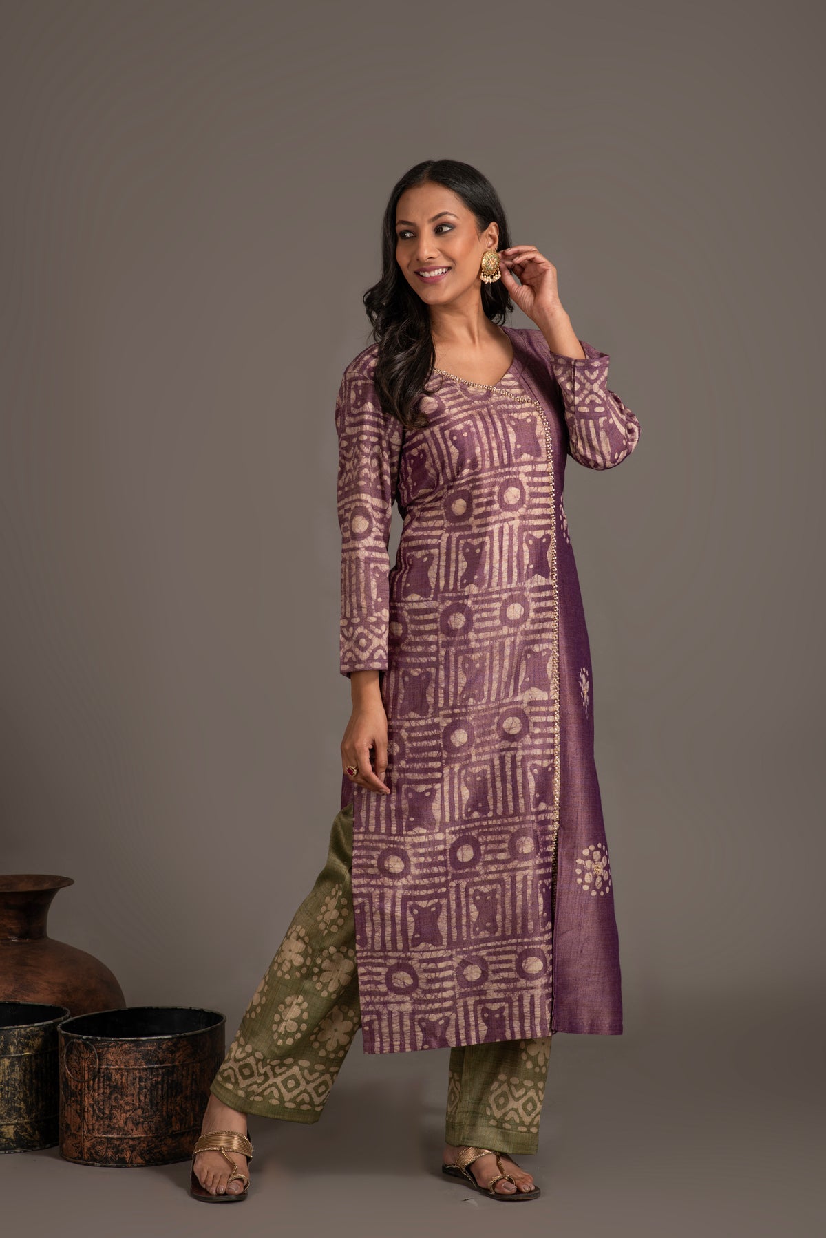 Bhagalpuri Fabric Three Piece Dupatta Suit in Embroidered Angrakha Pattern BK4