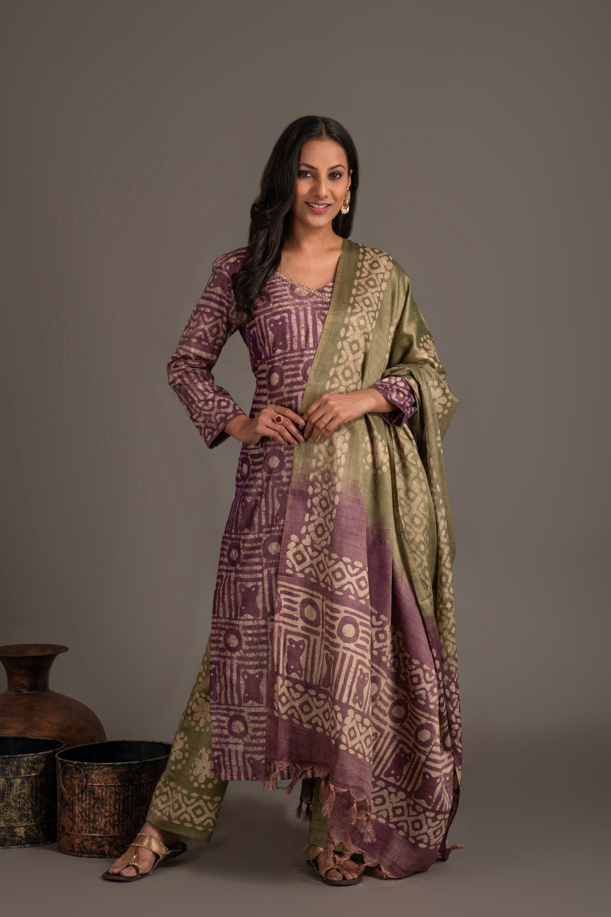 Bhagalpuri Fabric Three Piece Dupatta Suit in Embroidered Angrakha Pattern BK4