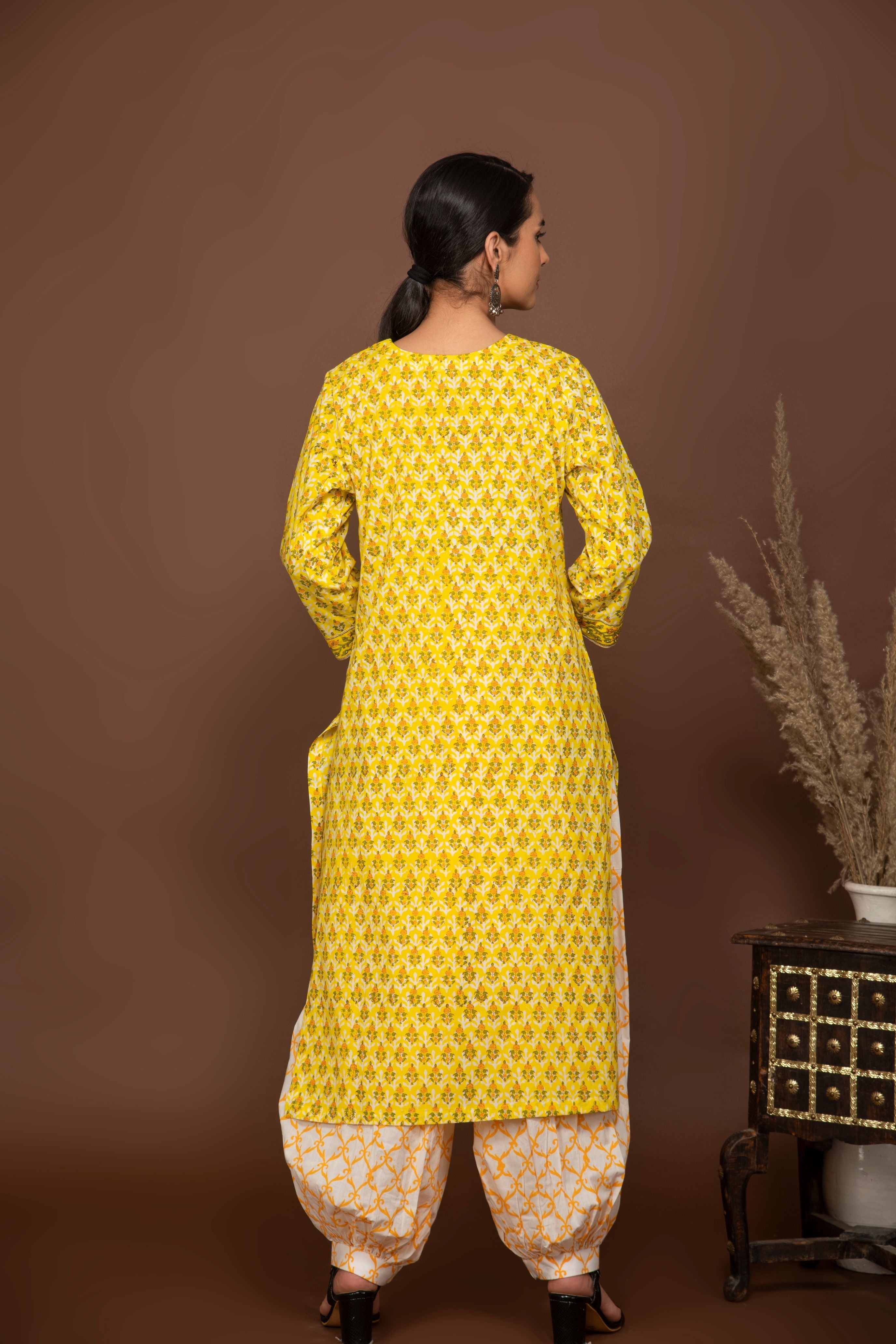 Yellow floral printed kurta with white/mustard printed bottom 3 piece suit set with printed buttis all over dupatta