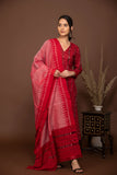 Red Sambalpuri Kurta with Plain Pink Bottom 3 Piece Suit Set with Contrast r/p Dupatta