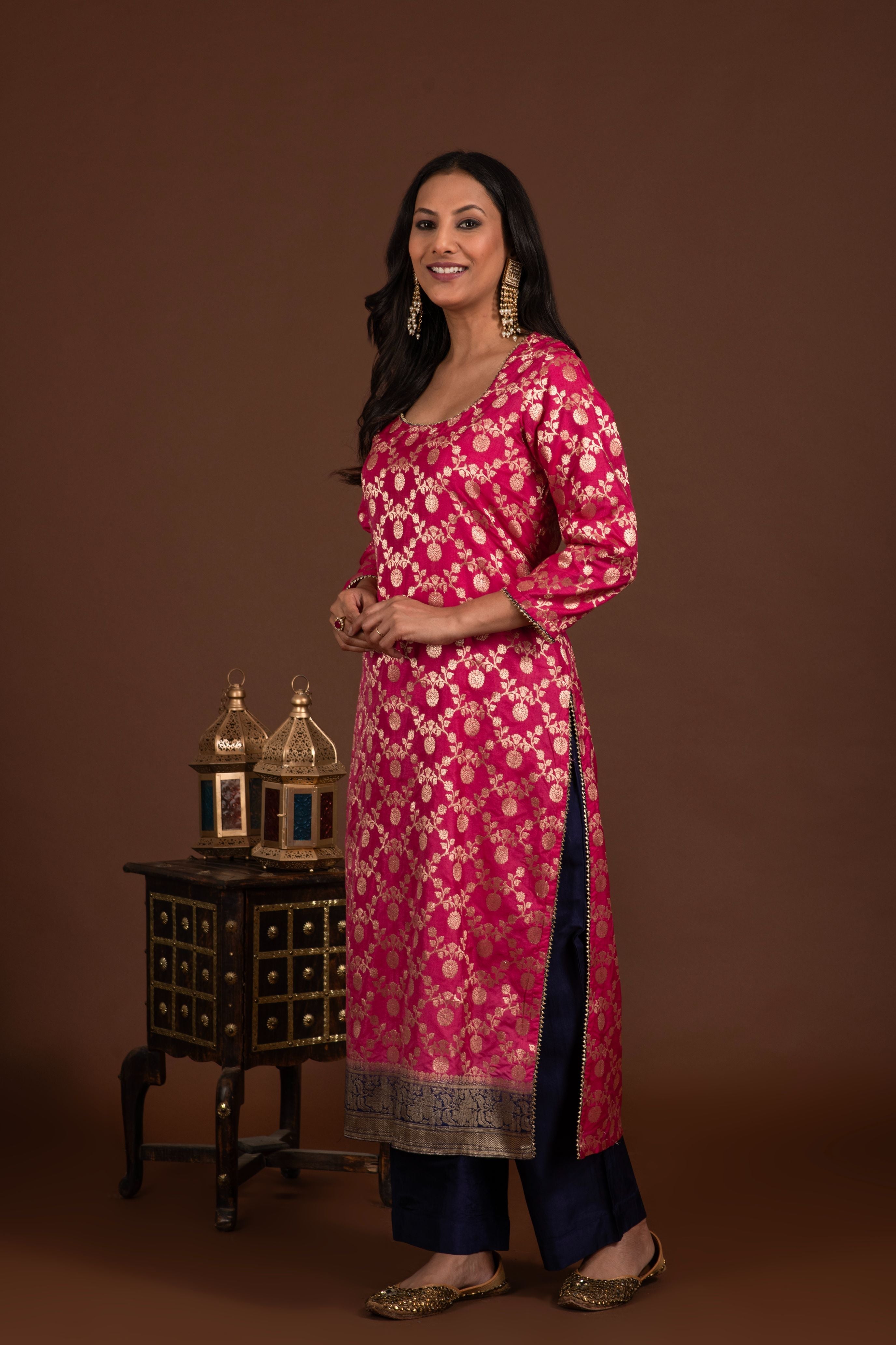 Banarasi weave kurta and dupatta with solid colour bottom