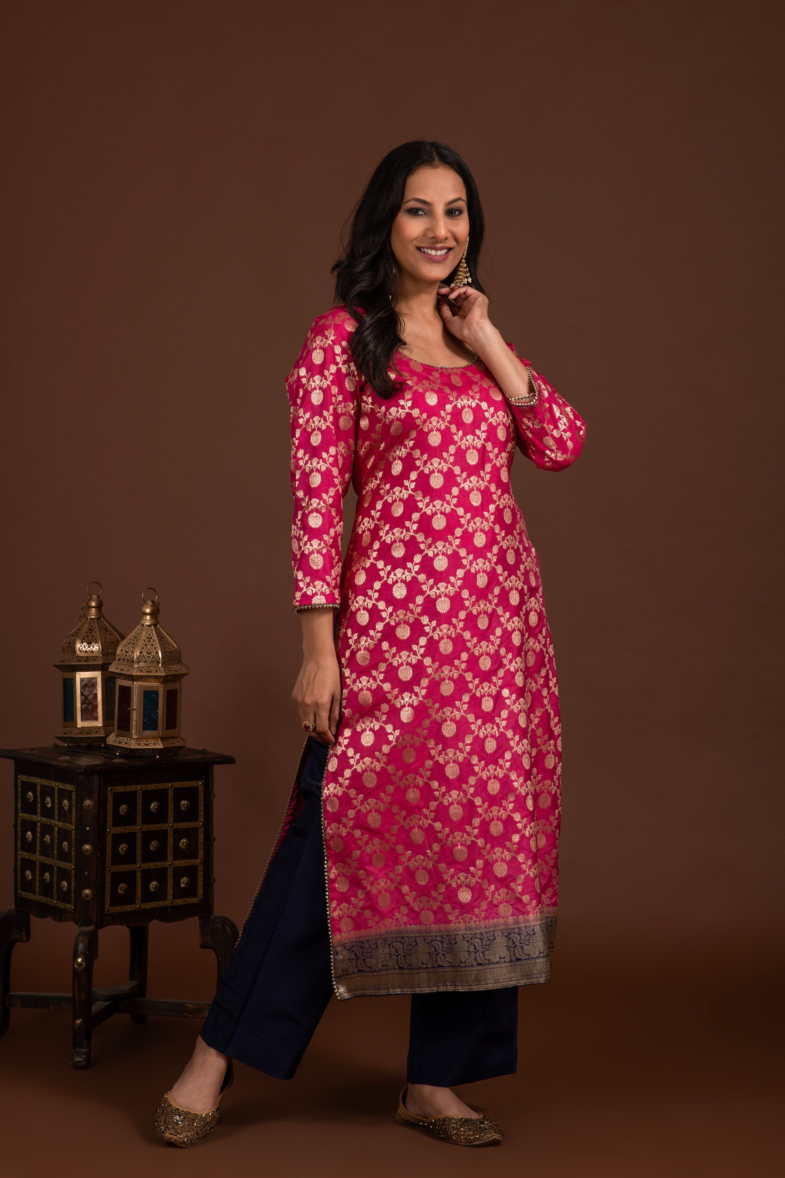 Banarasi weave kurta and dupatta with solid colour bottom