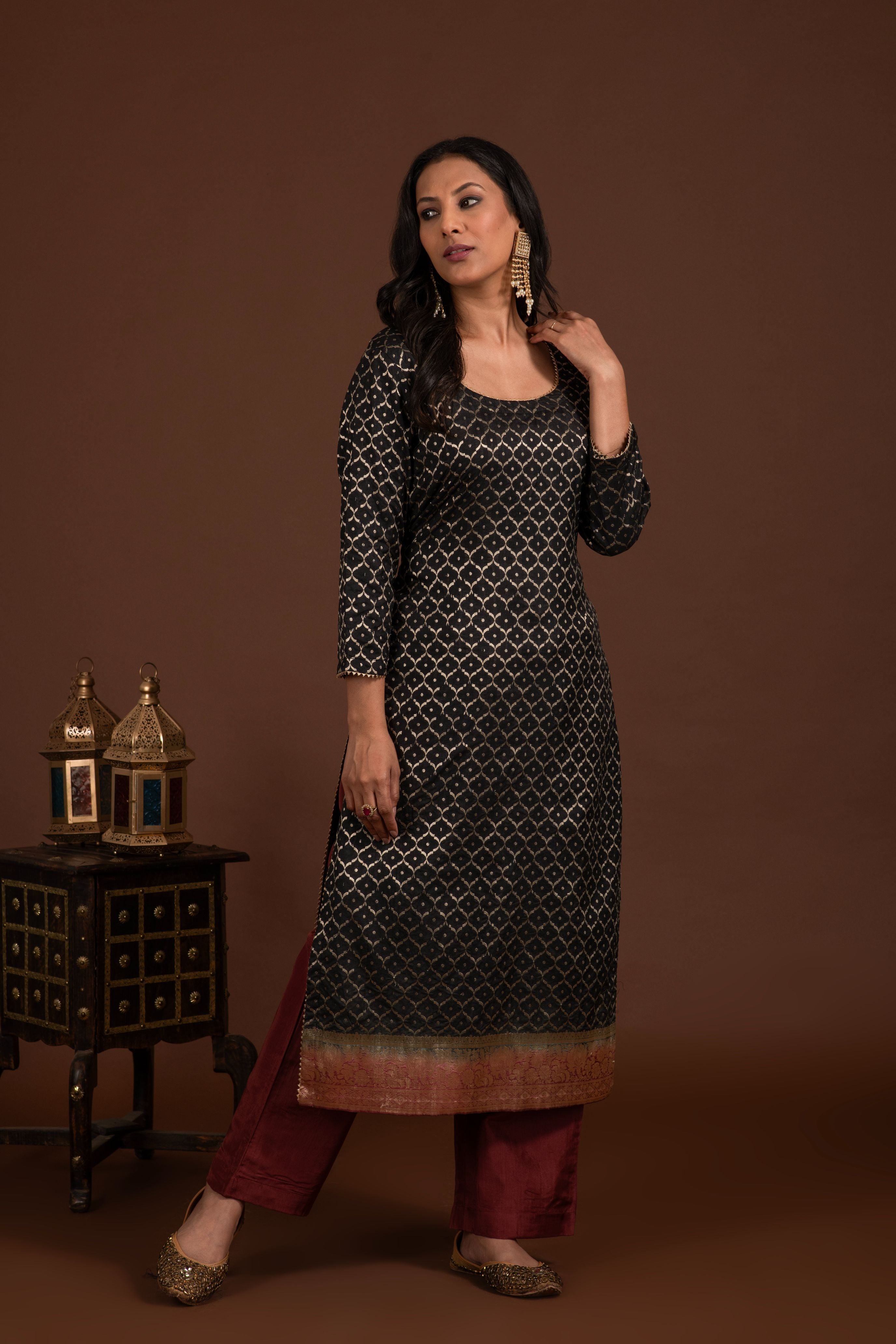 Banarasi weave kurta and dupatta with solid colour bottom