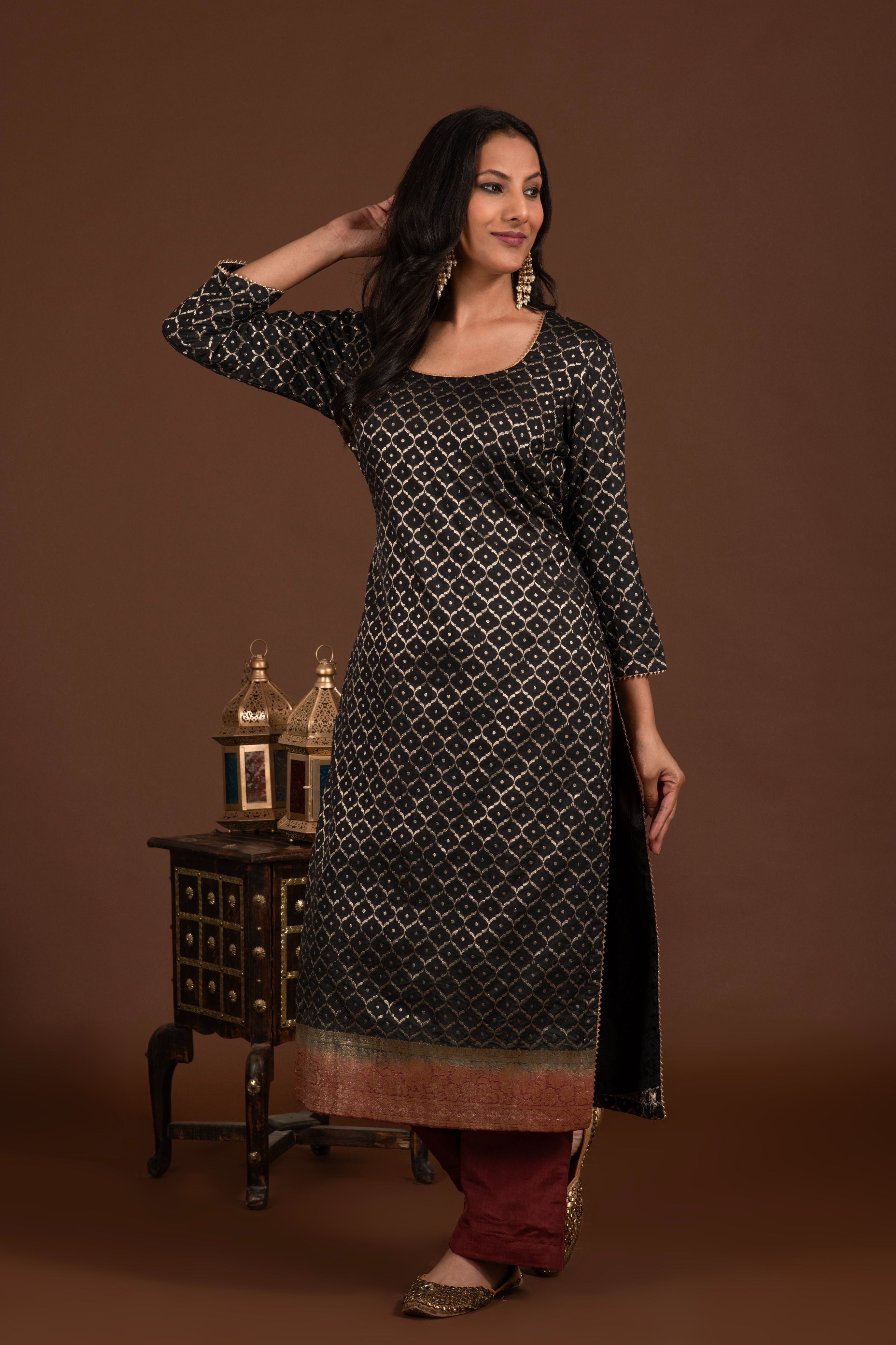 Banarasi weave kurta and dupatta with solid colour bottom