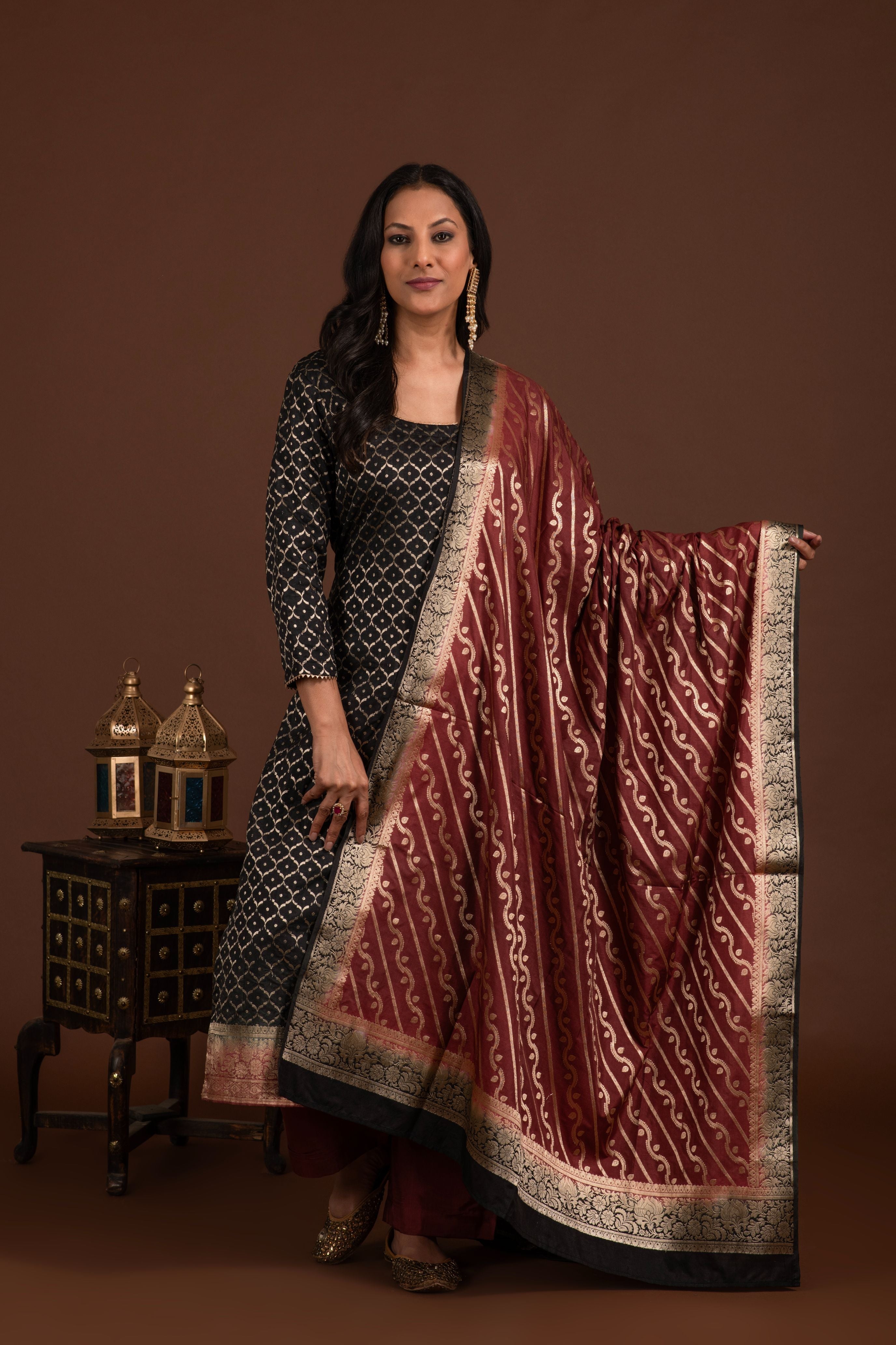 Banarasi weave kurta and dupatta with solid colour bottom