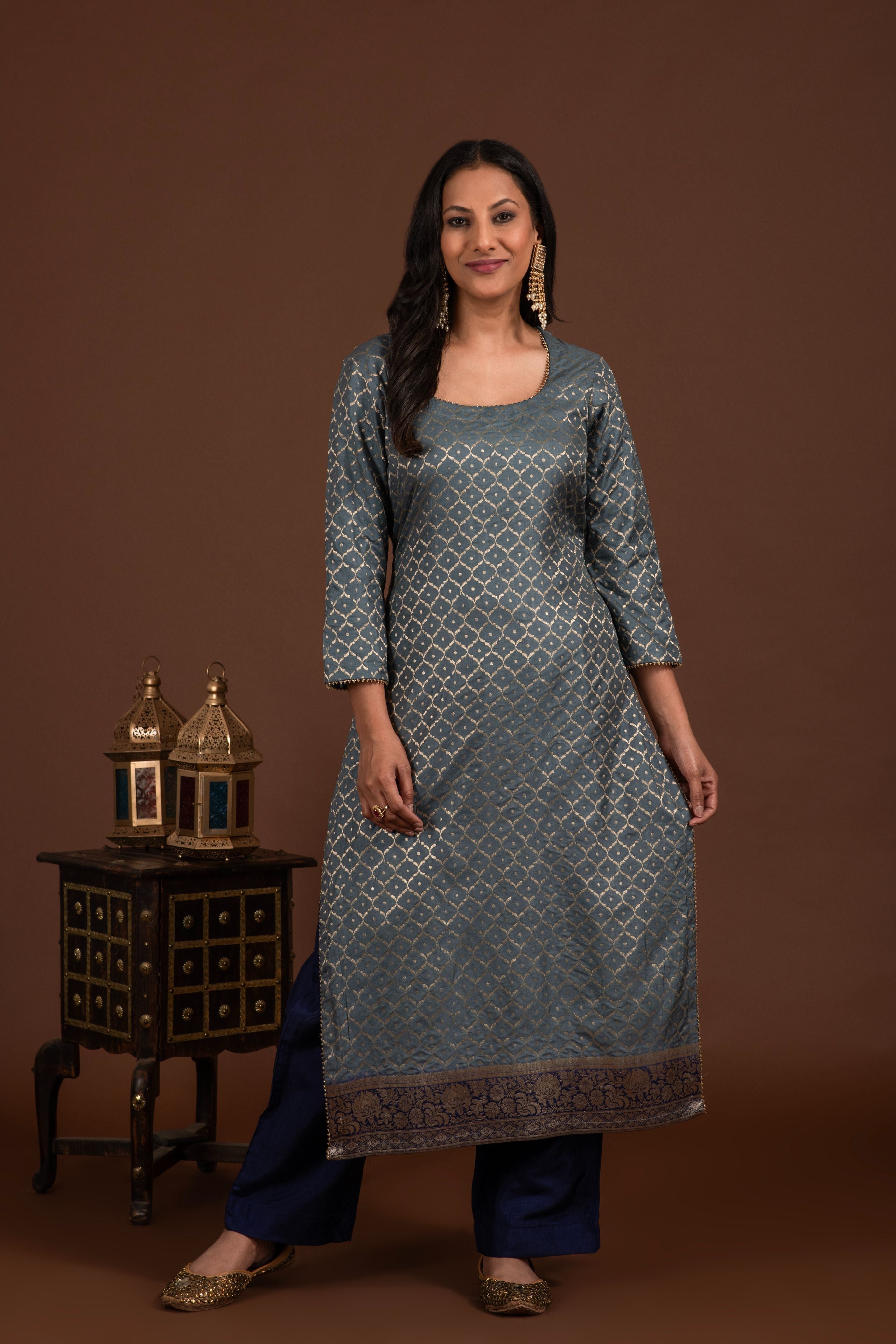 Banarasi weave kurta and dupatta with solid colour bottom