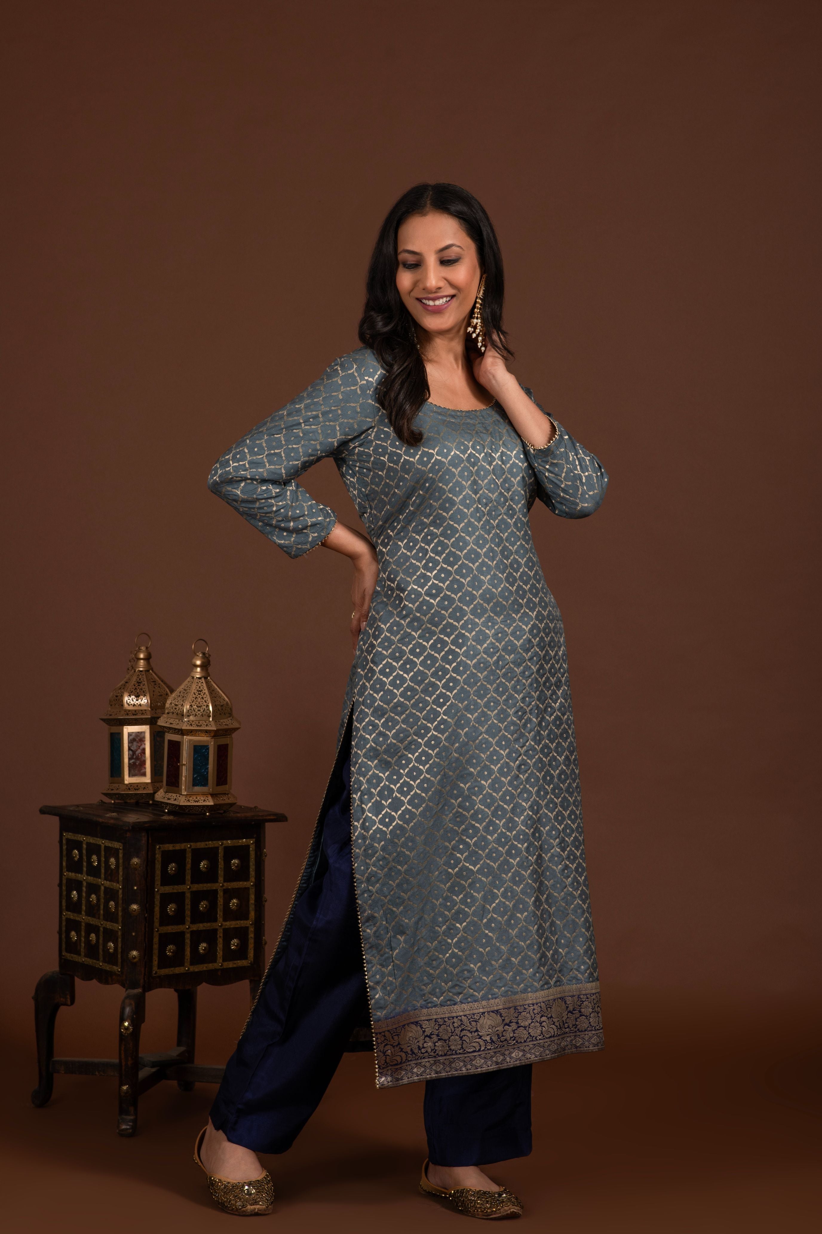 Banarasi weave kurta and dupatta with solid colour bottom