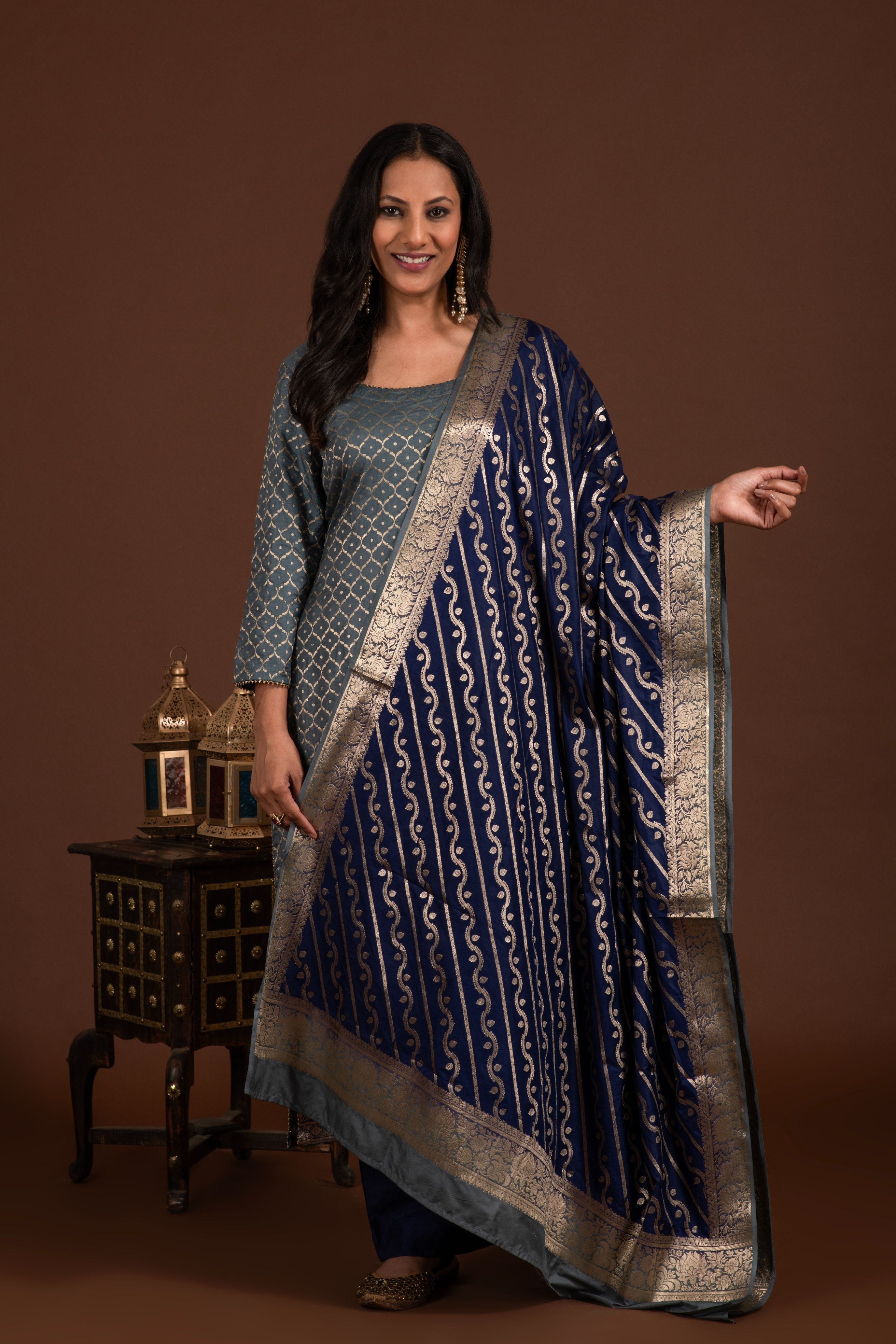 Banarasi weave kurta and dupatta with solid colour bottom